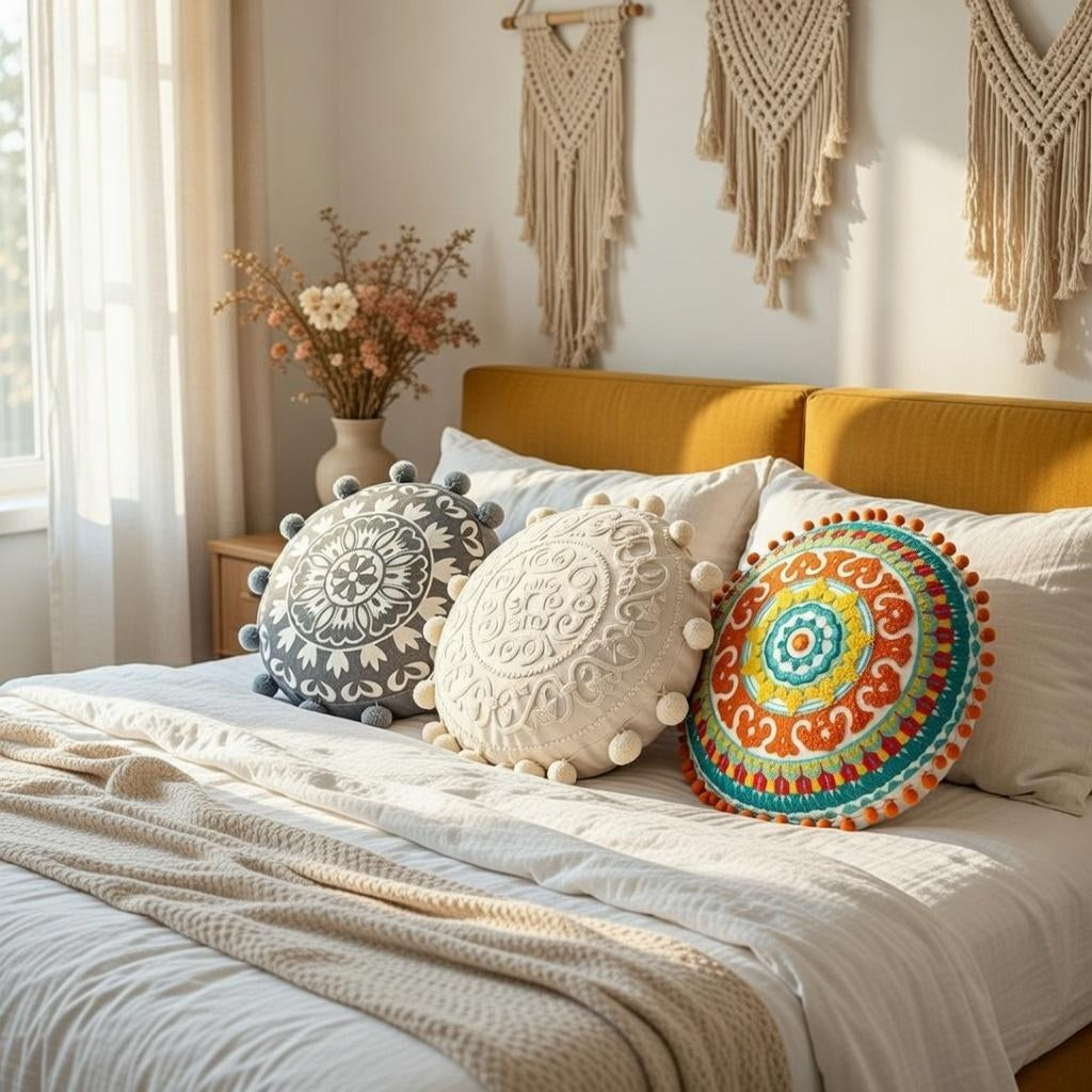 Round Mandala Pillow Cover 18" Embroidered Cotton Cushion Boho Ethnic Decor