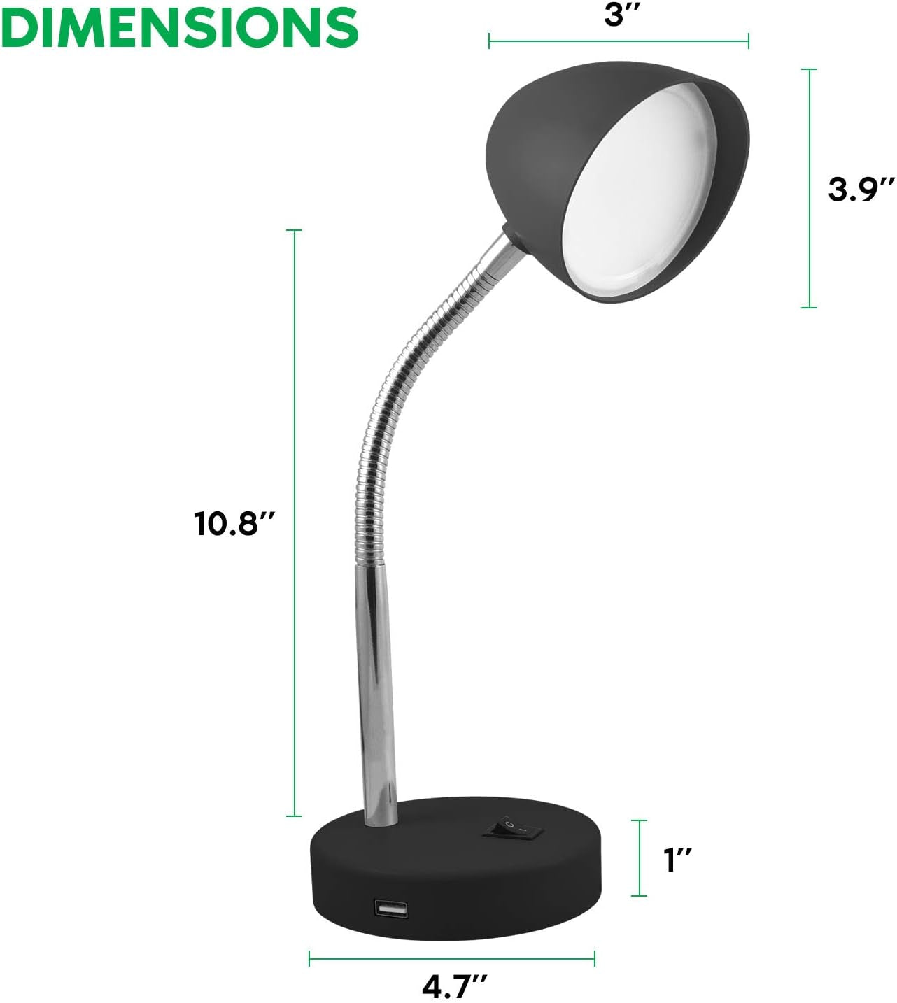 LED Desk Lamp with USB Charging Port, Black Desk Lamp, Adjustable Neck, On/Off Switch, Modern Table Lamp for Reading, Work or School, Warm Gentle Light