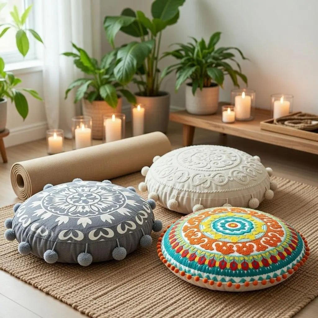 Round Mandala Pillow Cover 18" Embroidered Cotton Cushion Boho Ethnic Decor