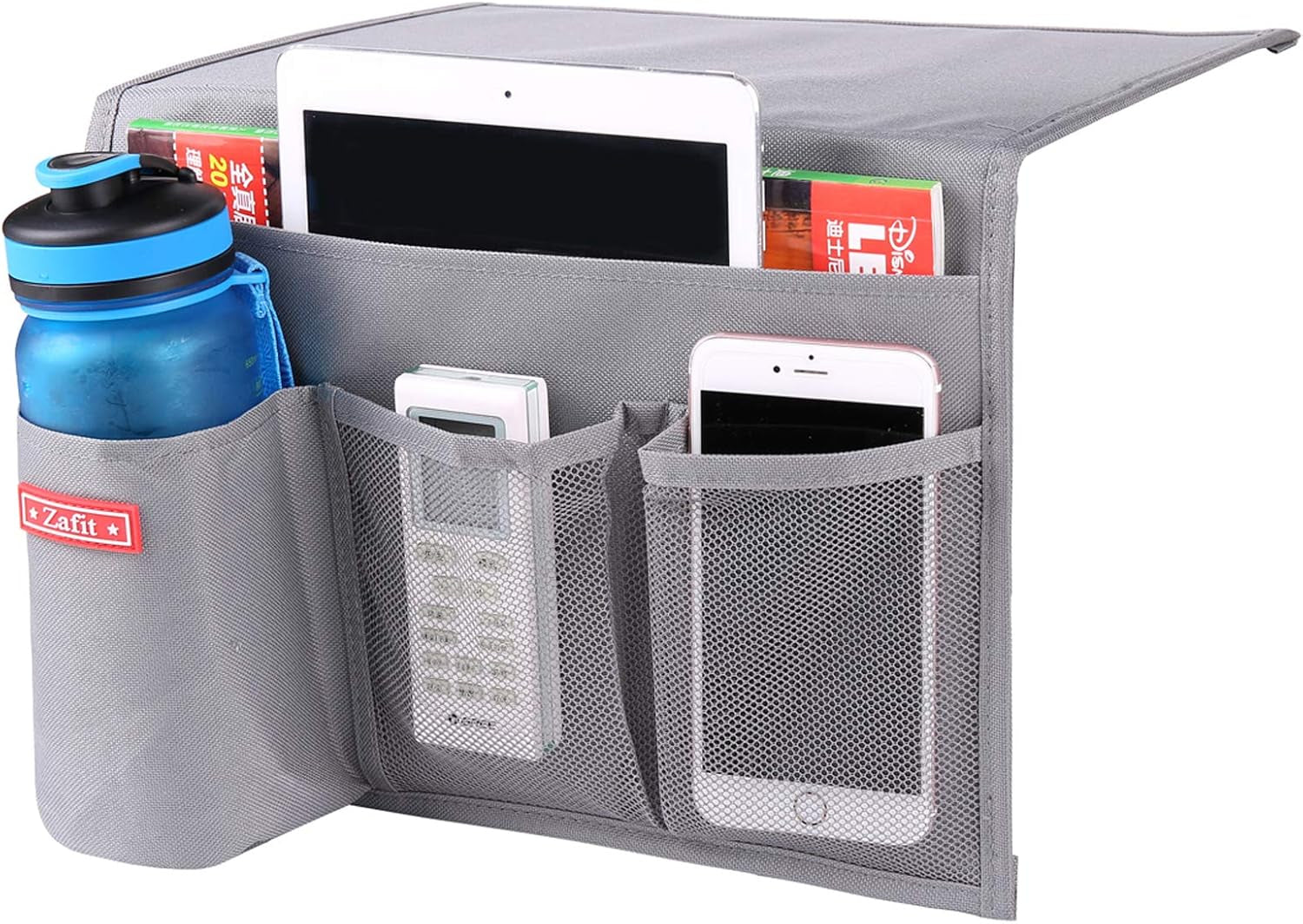 Bedside Storage Organizer - Table Cabinet Organizer Caddy for Remotes, Phone, Glasses (4 Pockets - Grey)