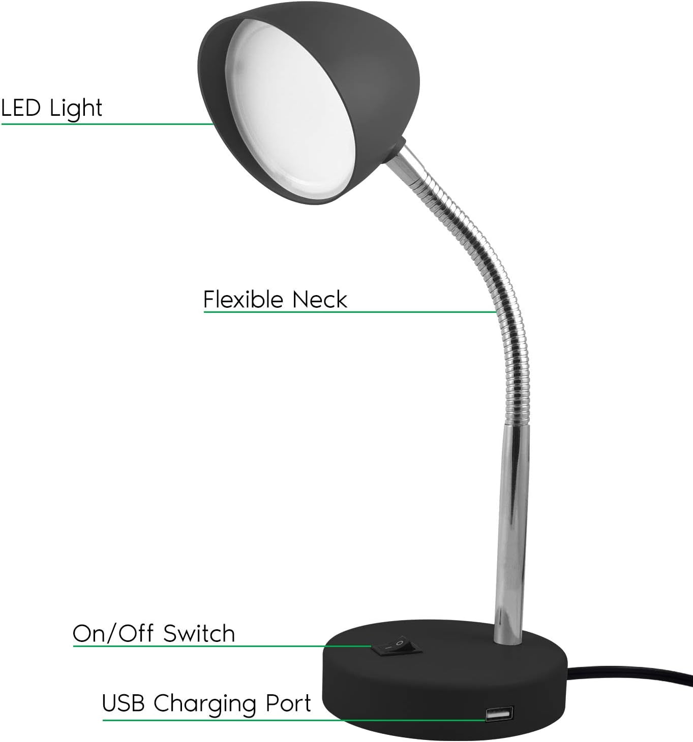 LED Desk Lamp with USB Charging Port, Black Desk Lamp, Adjustable Neck, On/Off Switch, Modern Table Lamp for Reading, Work or School, Warm Gentle Light