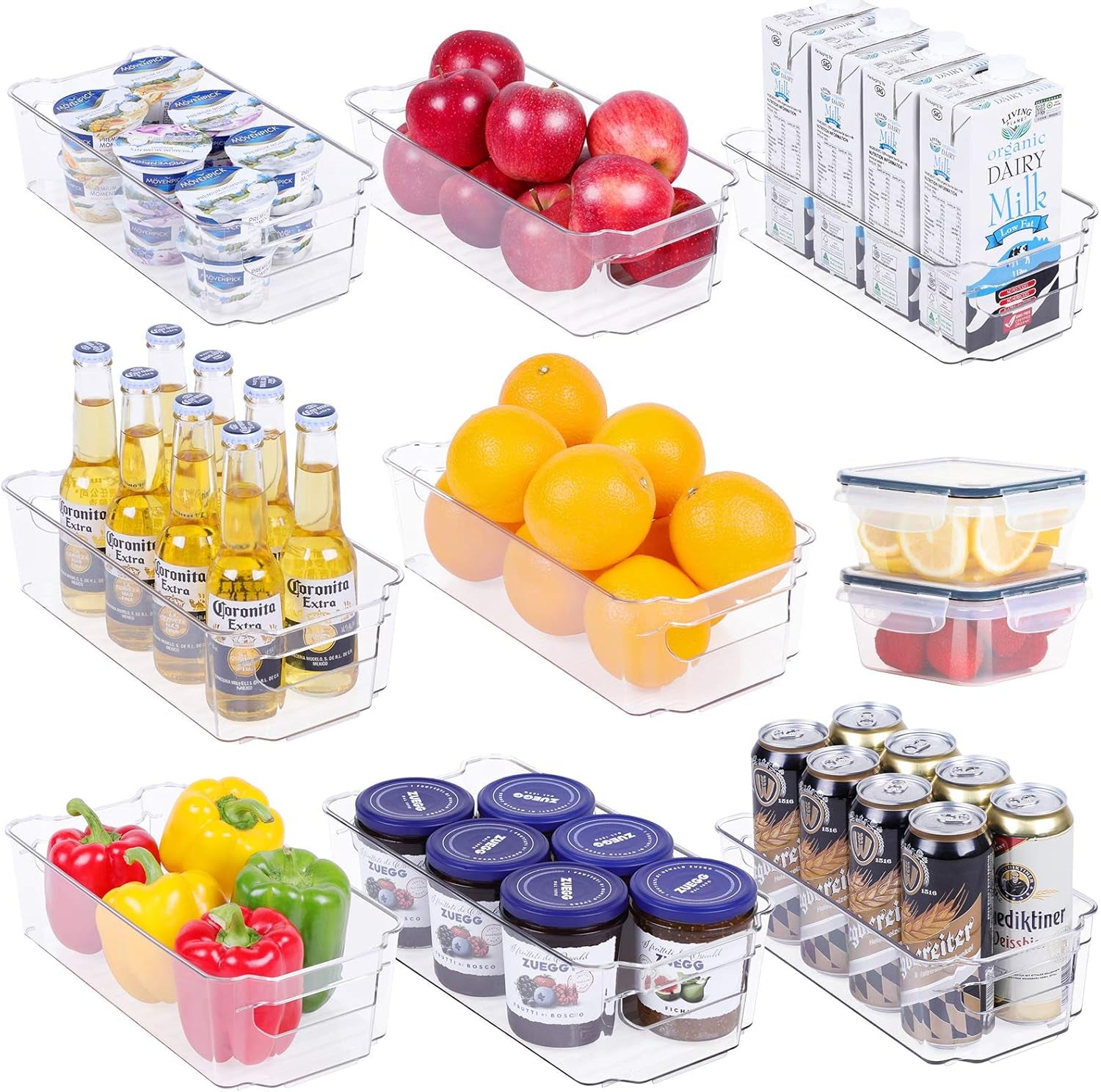 Refrigerator Organizer Bins - 10 Piece Plastic Refrigerator Storage Bins with Handle - Fridge Organizers and Storage Clear for Pantry, Kitchen, Freezer, Cabinet Organization, BPA Free -