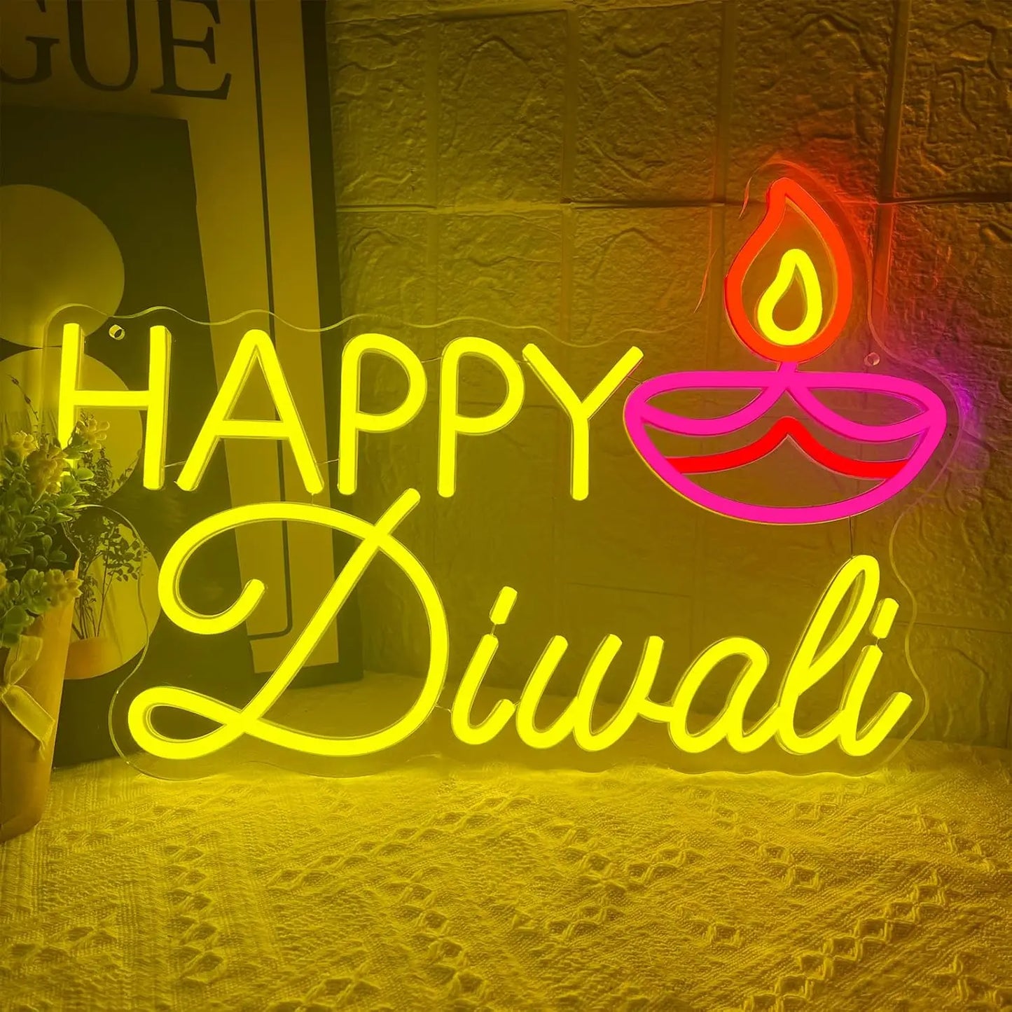 Happy Diwali Neon Sign USB Dimmable LED Neon Light for Indian Diwali Backdrop Wall Home Bedroom Party Decor Gift