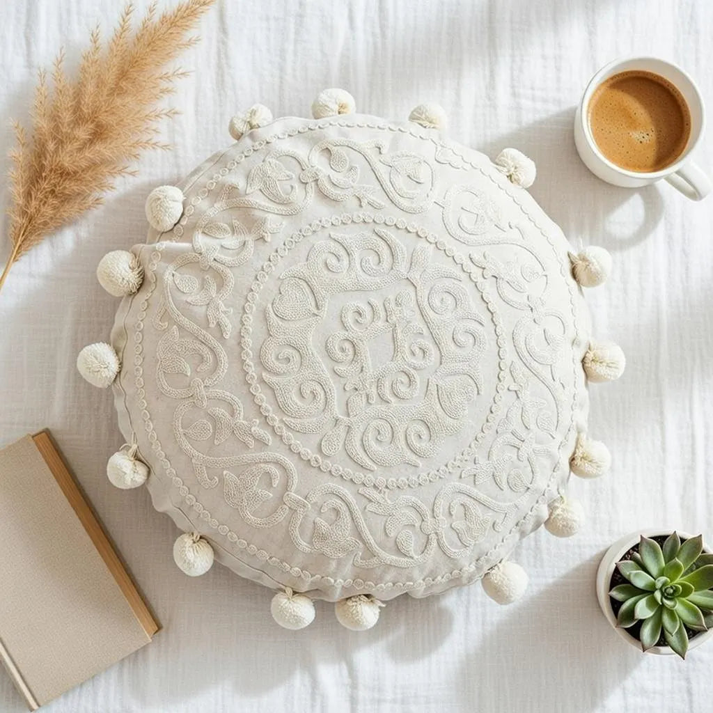 Round Mandala Pillow Cover 18" Embroidered Cotton Cushion Boho Ethnic Decor