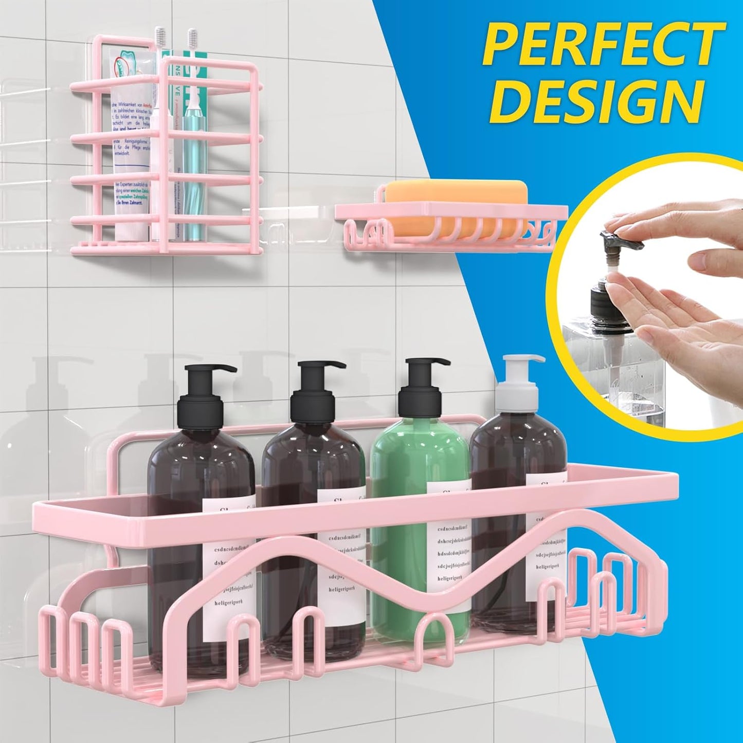 Shower Caddy - 5-Pack Adhesive Shower Organizer, Large Capacity Rustproof Stainless Steel Bathroom Organizer, Pink
