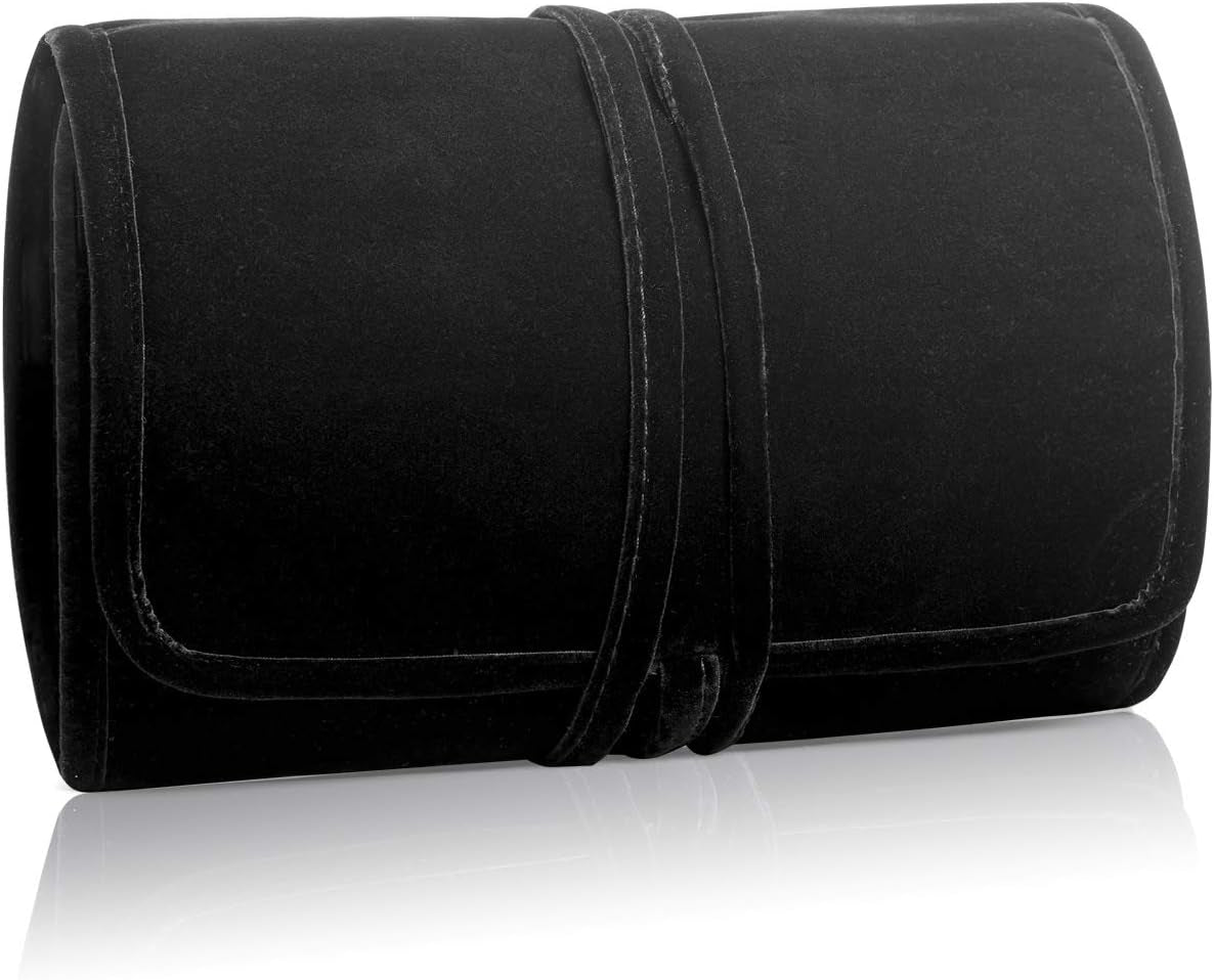 Velvet Travel Jewelry Roll, Jewelry Storage Bag Organizer for Necklaces, Earrings, Bracelets, Rings, Brooches and More, Compact and Easy to Carry (Large, Velvet- Black)