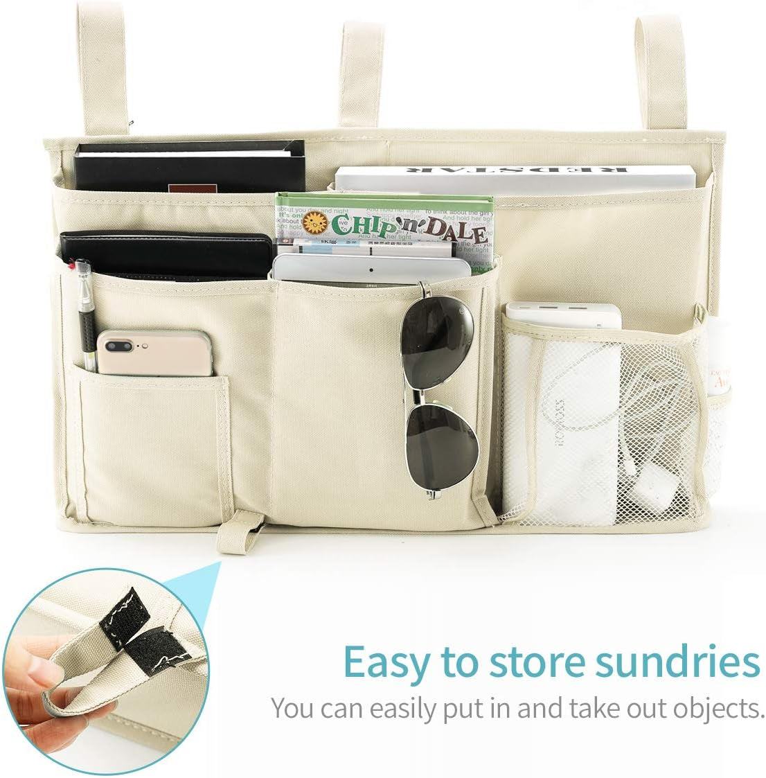 Bunk Bed Organizer, Bedside Caddy Hanging Bed Organizer Storage Bag 8 Pockets, for College Dorm Rooms Bed, Hospital Bed, Baby Bed Rails, 600D Oxford Cloth (Beige)