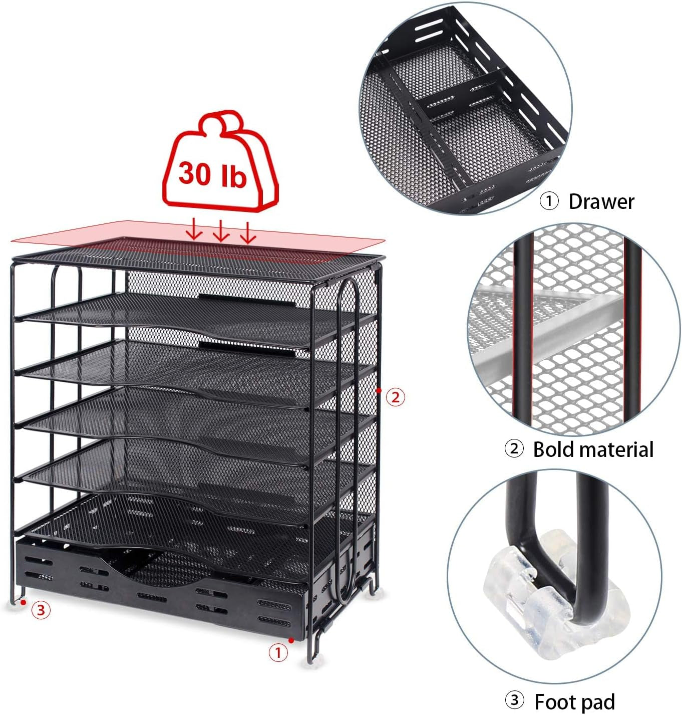 Office Desk Organizer, 7-Tier Mesh Letter Trays with Sliding Drawers,Metal File Desktop Paper Tray Organizer/Screws Free Design,Black