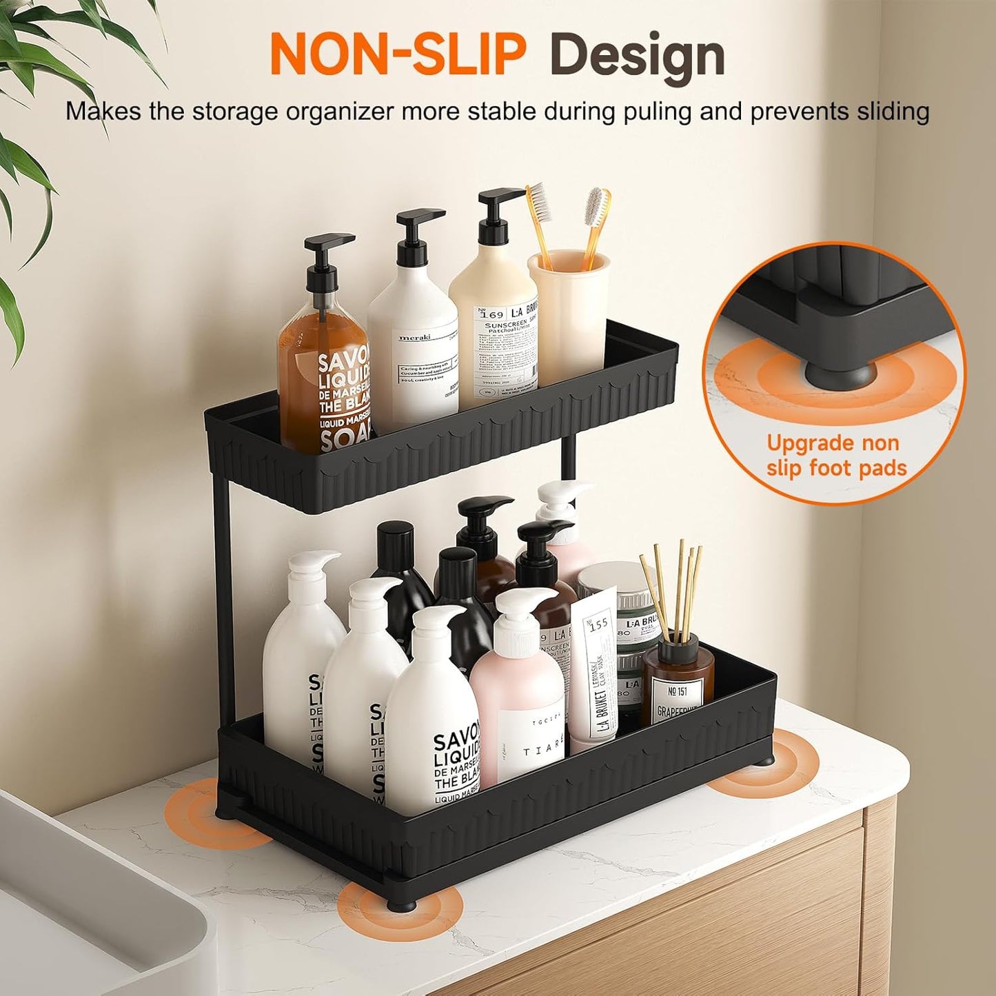 3 Pack Multi-Purpose Pull-Out Storage Organizers, 2-Tier L-Shaped under Sink/Cabinet Organizers and Storage for Bathroom & Kitchen, (Black, 12.85 Inches)