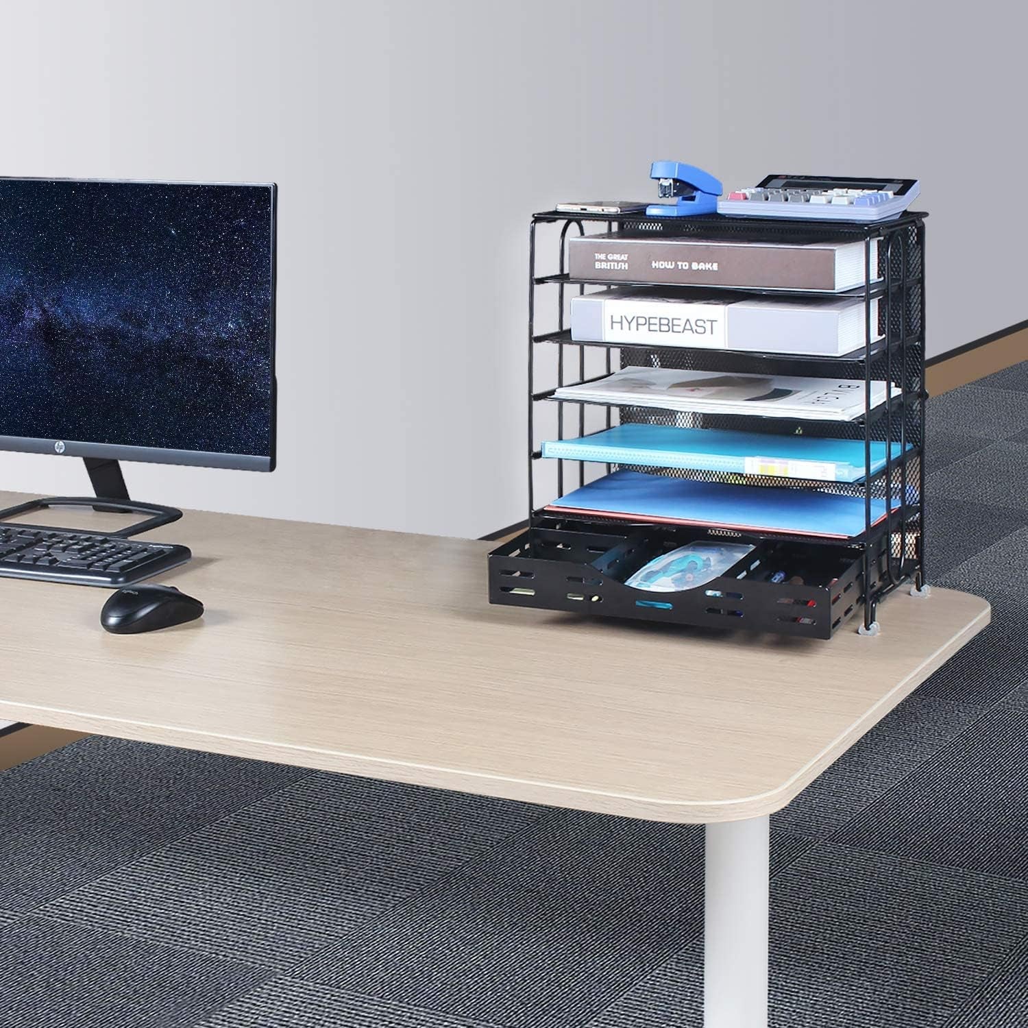 Office Desk Organizer, 7-Tier Mesh Letter Trays with Sliding Drawers,Metal File Desktop Paper Tray Organizer/Screws Free Design,Black