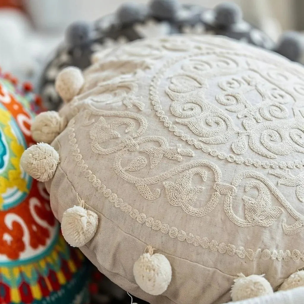 Round Mandala Pillow Cover 18" Embroidered Cotton Cushion Boho Ethnic Decor
