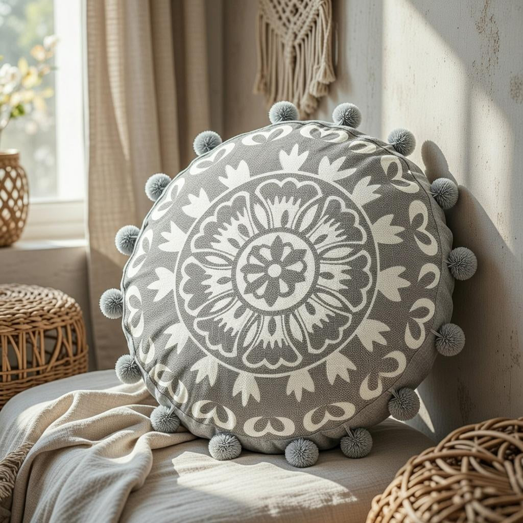 Round Mandala Pillow Cover 18" Embroidered Cotton Cushion Boho Ethnic Decor
