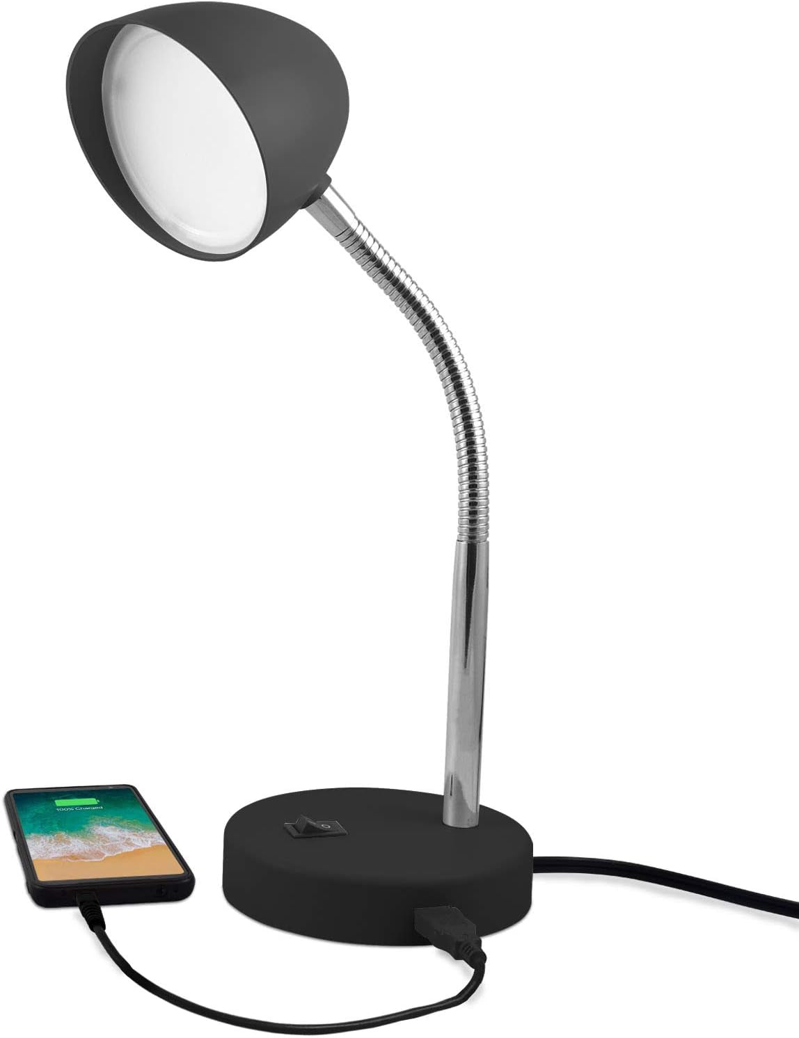LED Desk Lamp with USB Charging Port, Black Desk Lamp, Adjustable Neck, On/Off Switch, Modern Table Lamp for Reading, Work or School, Warm Gentle Light