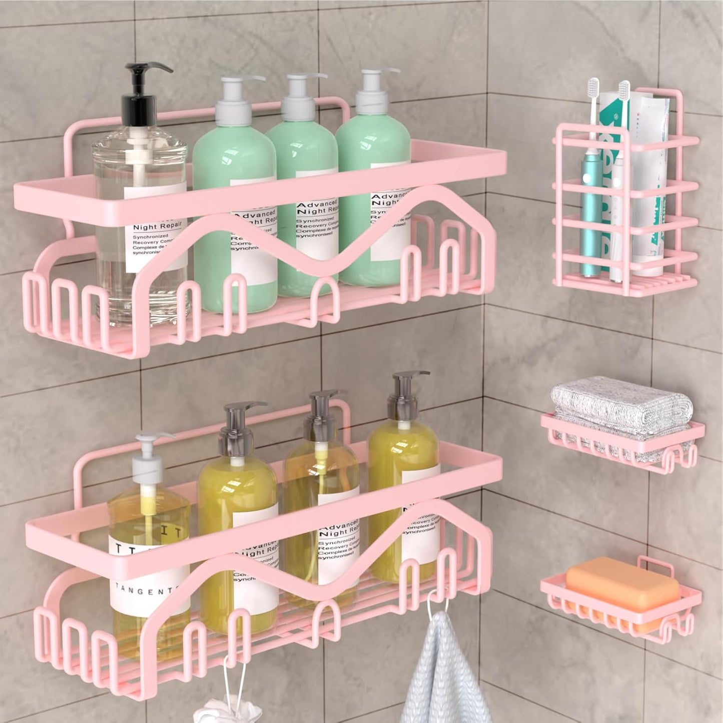 Shower Caddy - 5-Pack Adhesive Shower Organizer, Large Capacity Rustproof Stainless Steel Bathroom Organizer, Pink