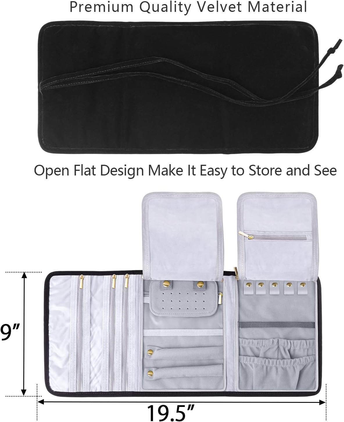 Velvet Travel Jewelry Roll, Jewelry Storage Bag Organizer for Necklaces, Earrings, Bracelets, Rings, Brooches and More, Compact and Easy to Carry (Large, Velvet- Black)