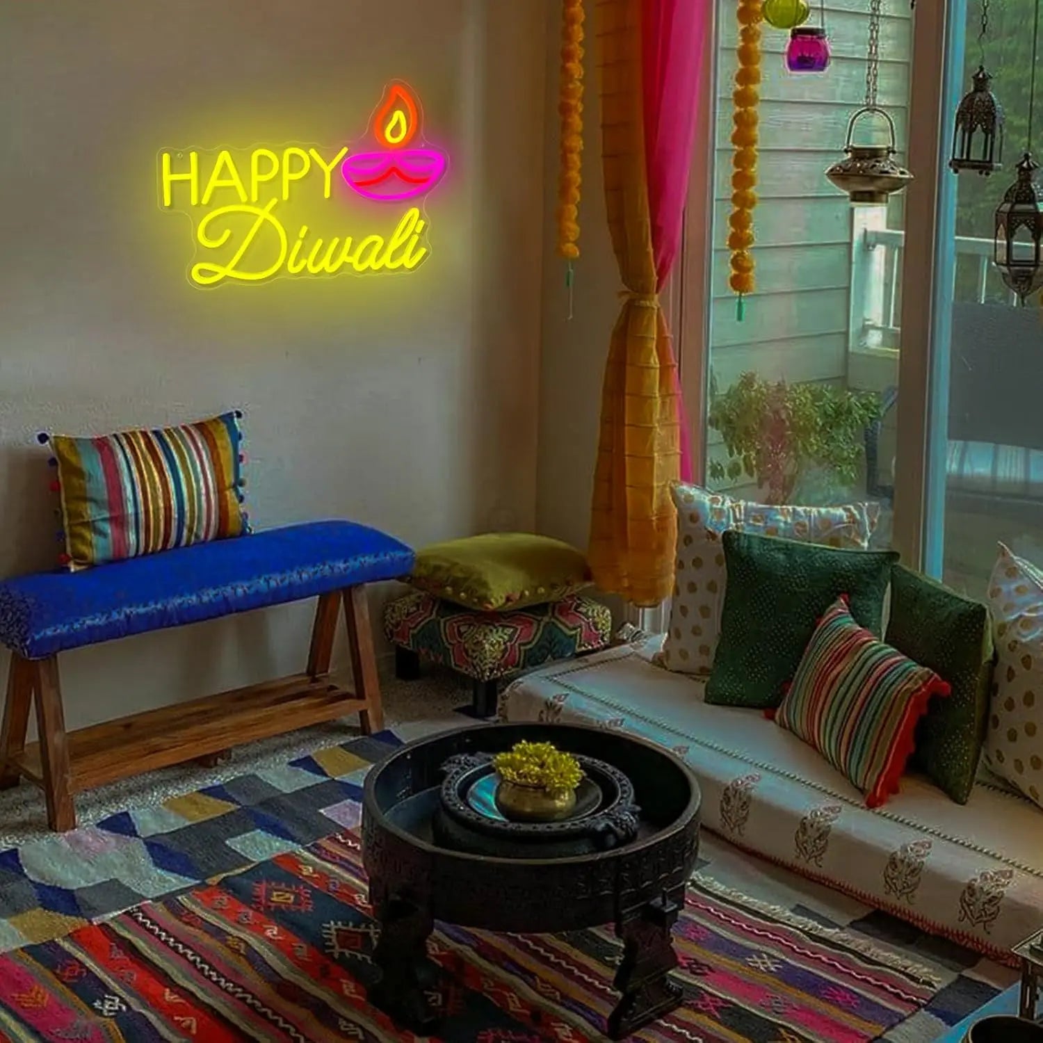Happy Diwali Neon Sign USB Dimmable LED Neon Light for Indian Diwali Backdrop Wall Home Bedroom Party Decor Gift