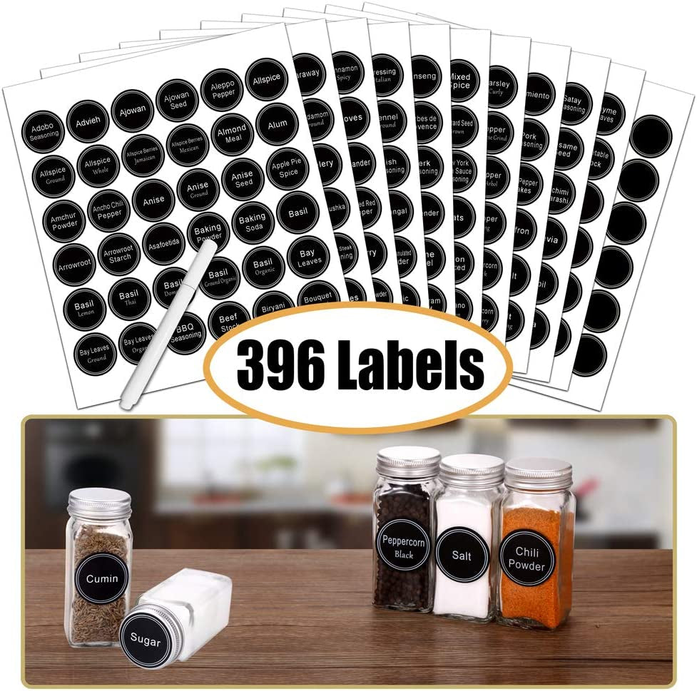 Spice Rack Organizer with 32 Glass Spice Jars, 396 Spice Labels, Chalk Marker and Funnel Complete Set, for Cabinet, Countertop, Cupboard or Wall Mount, Black