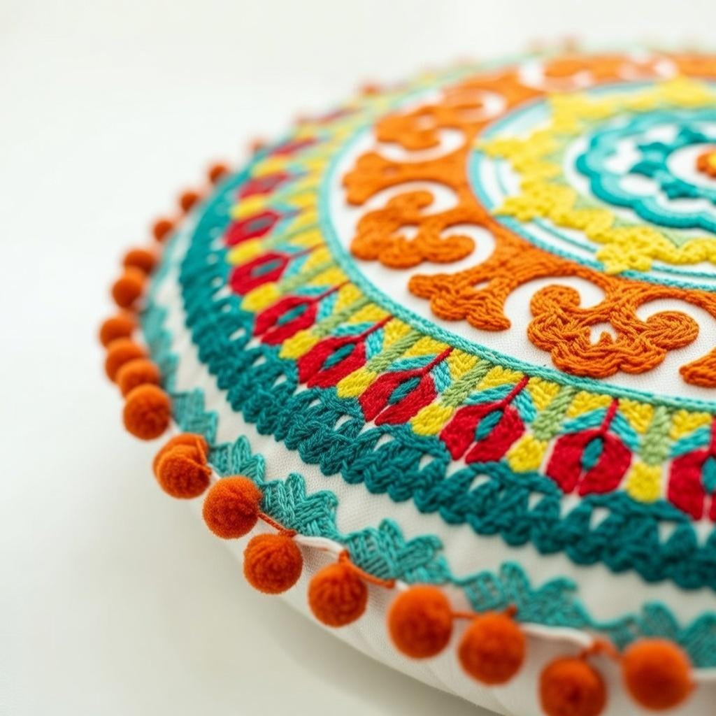 Round Mandala Pillow Cover 18" Embroidered Cotton Cushion Boho Ethnic Decor