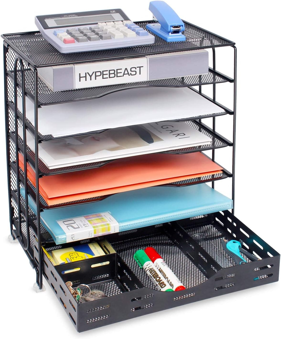 Office Desk Organizer, 7-Tier Mesh Letter Trays with Sliding Drawers,Metal File Desktop Paper Tray Organizer/Screws Free Design,Black