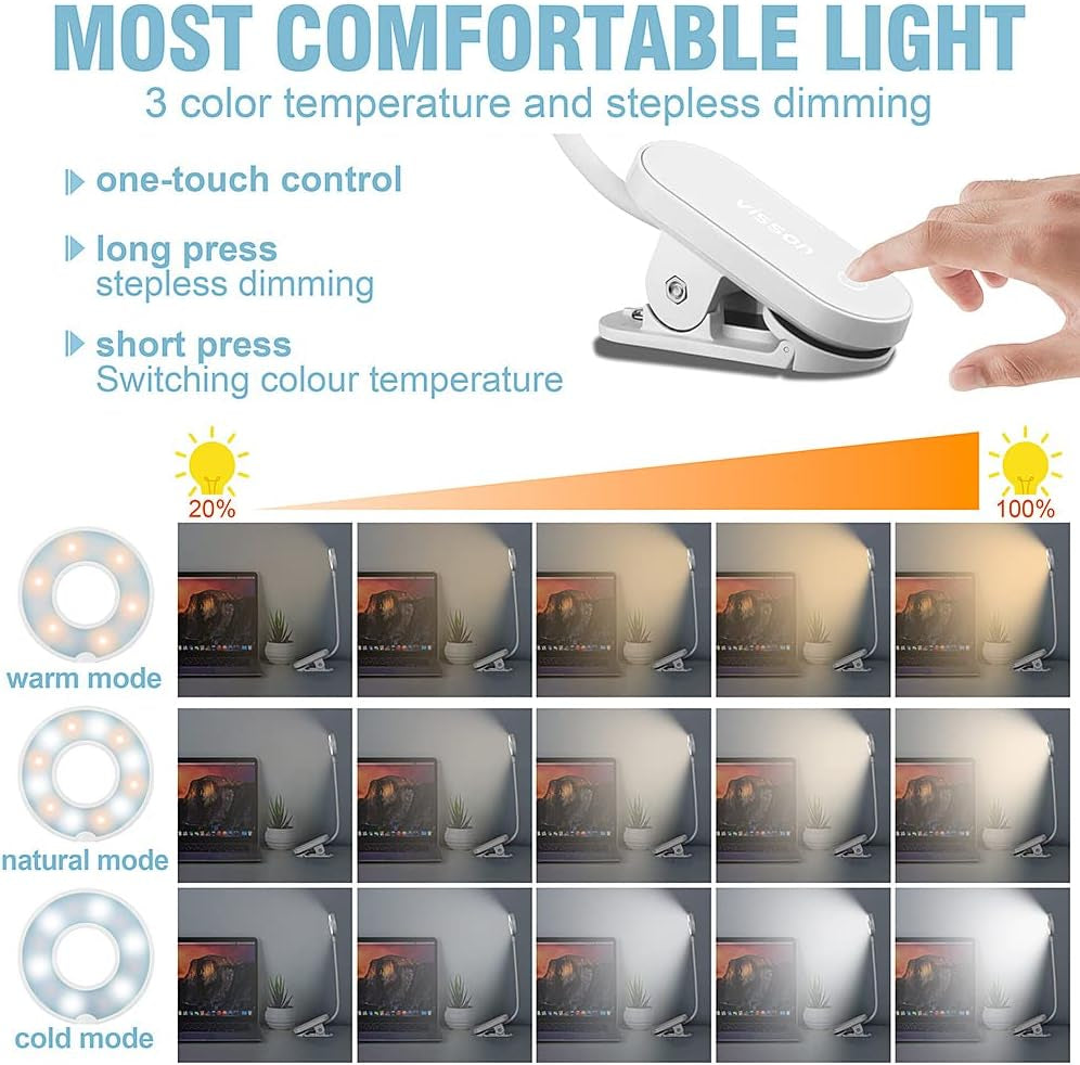 Stepless Dimming Book Light,12 LED Reading Lights for Books in Bed,3 Color Temperature,Rechargeable Clip-On Light with Magnetic Function.Perfect for Bookworms,Kids