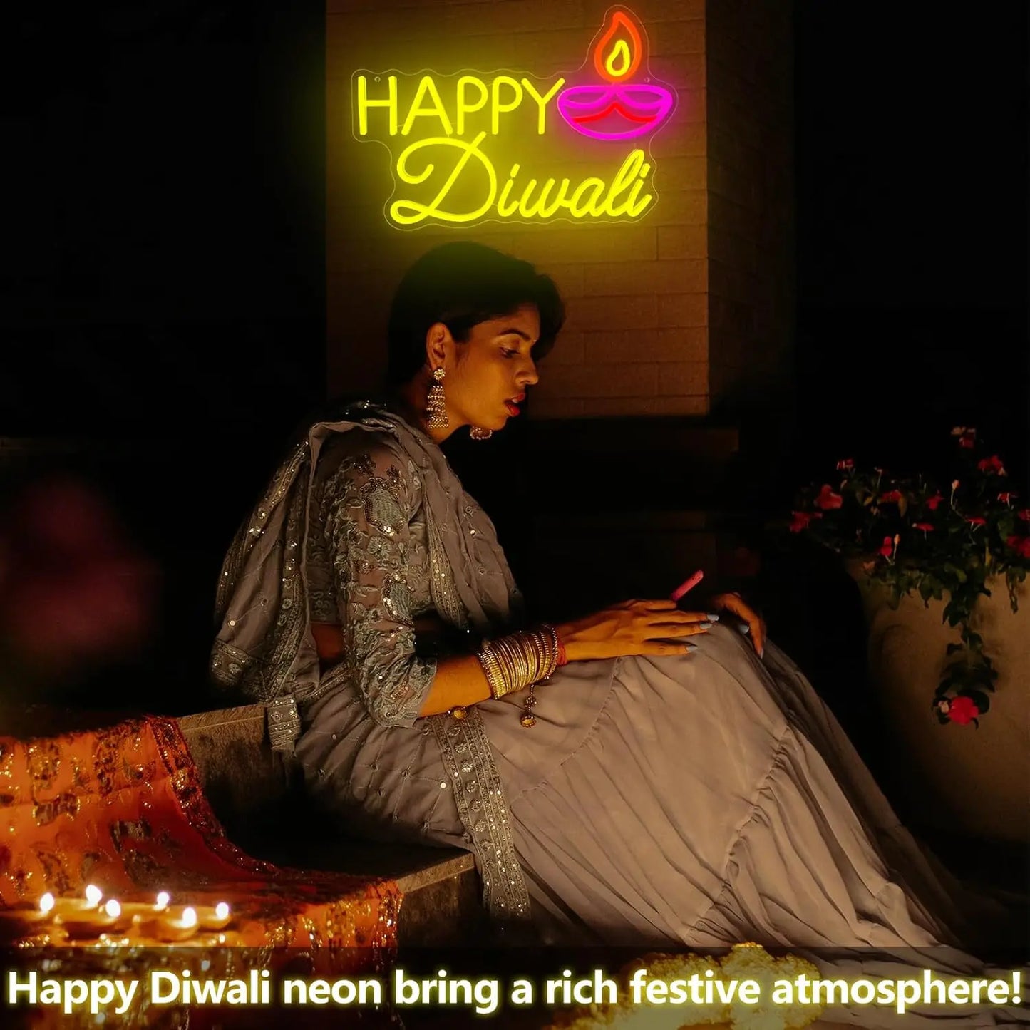 Happy Diwali Neon Sign USB Dimmable LED Neon Light for Indian Diwali Backdrop Wall Home Bedroom Party Decor Gift
