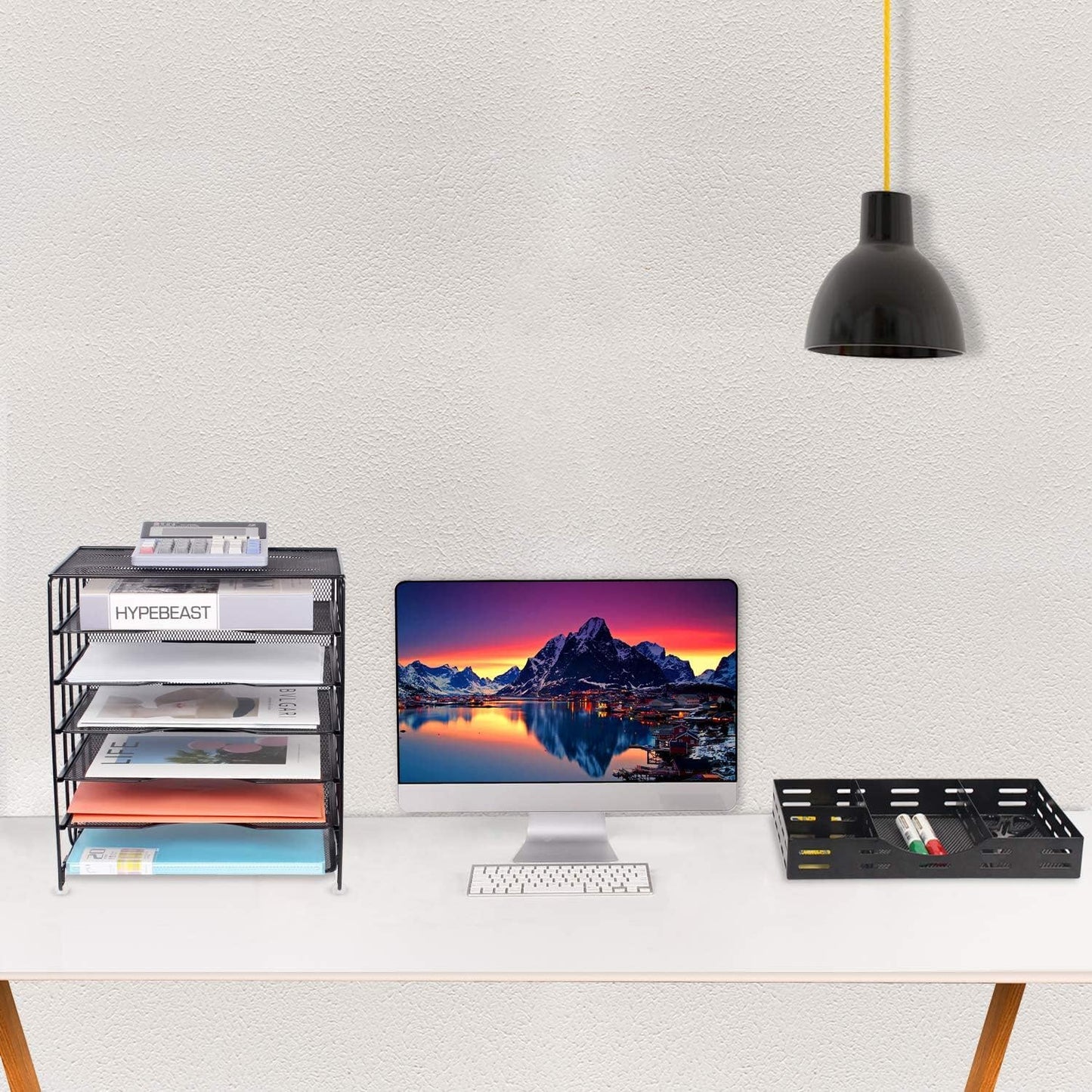 Office Desk Organizer, 7-Tier Mesh Letter Trays with Sliding Drawers,Metal File Desktop Paper Tray Organizer/Screws Free Design,Black