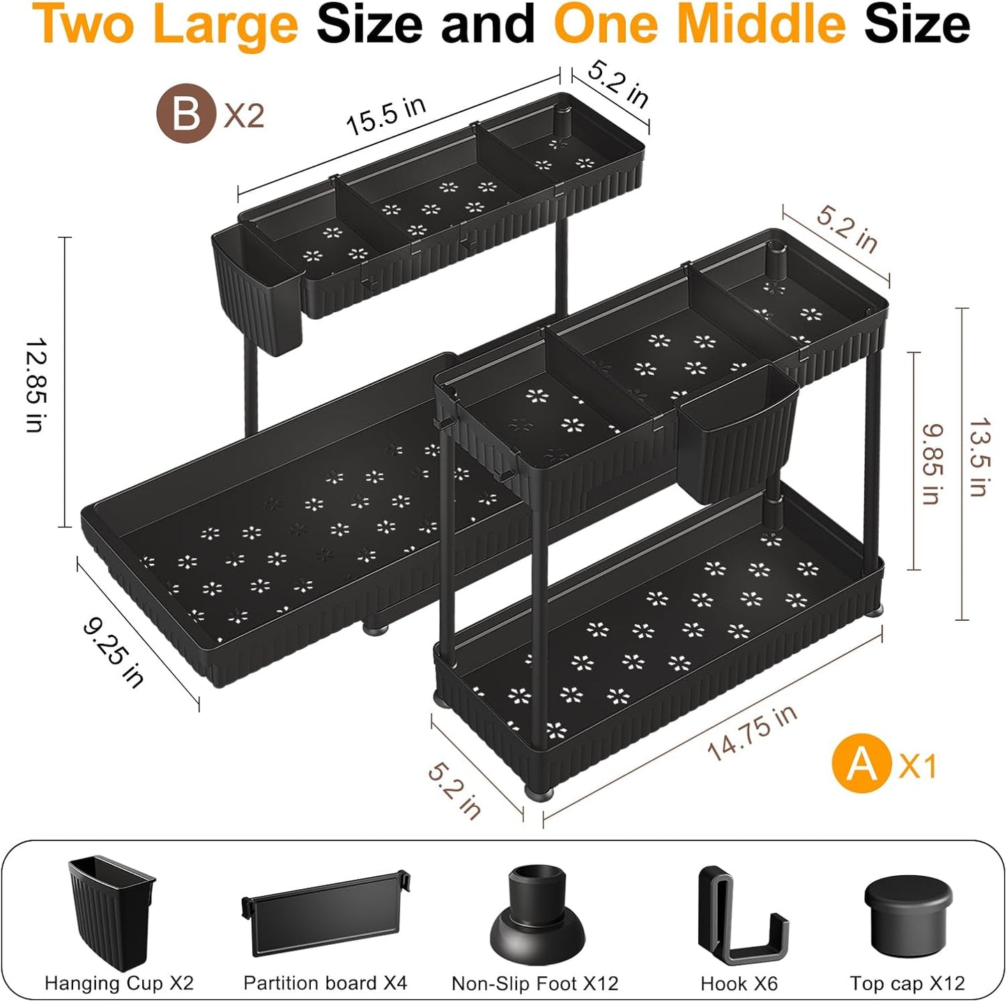 3 Pack Multi-Purpose Pull-Out Storage Organizers, 2-Tier L-Shaped under Sink/Cabinet Organizers and Storage for Bathroom & Kitchen, (Black, 12.85 Inches)