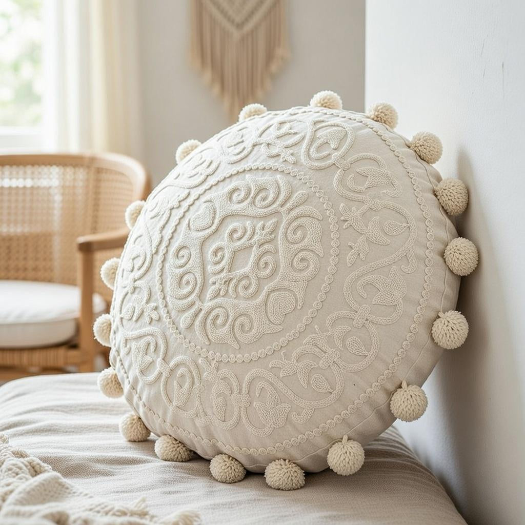 Round Mandala Pillow Cover 18" Embroidered Cotton Cushion Boho Ethnic Decor