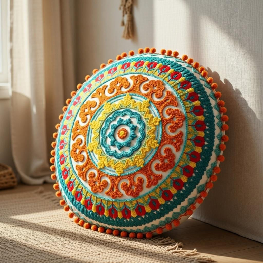Round Mandala Pillow Cover 18" Embroidered Cotton Cushion Boho Ethnic Decor