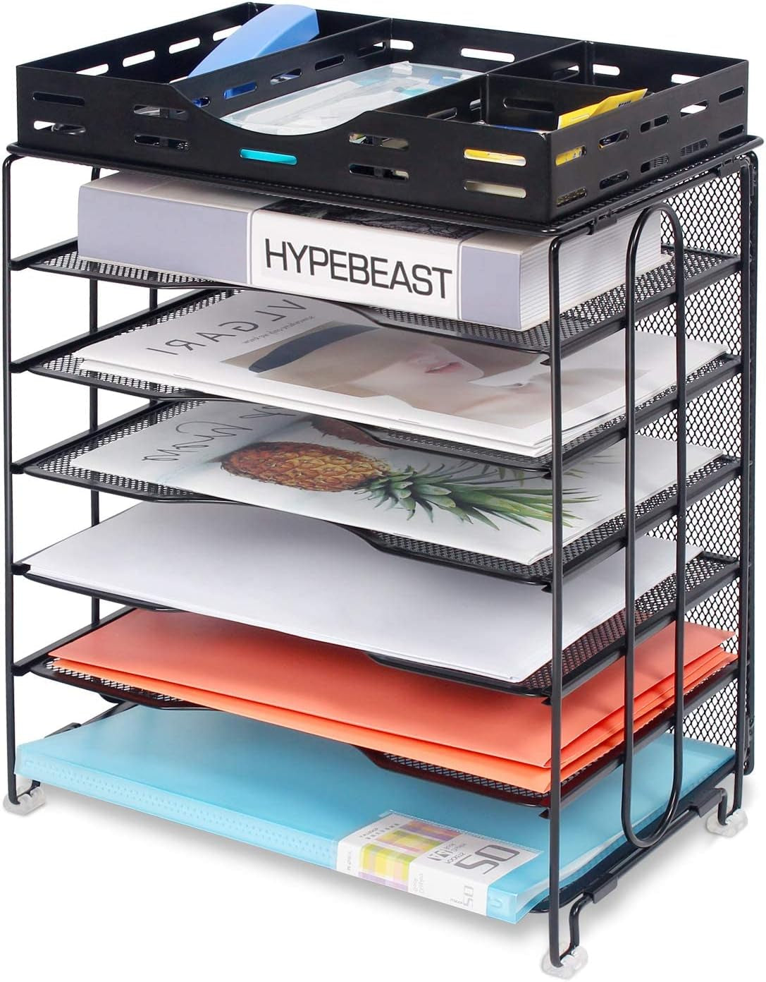Office Desk Organizer, 7-Tier Mesh Letter Trays with Sliding Drawers,Metal File Desktop Paper Tray Organizer/Screws Free Design,Black