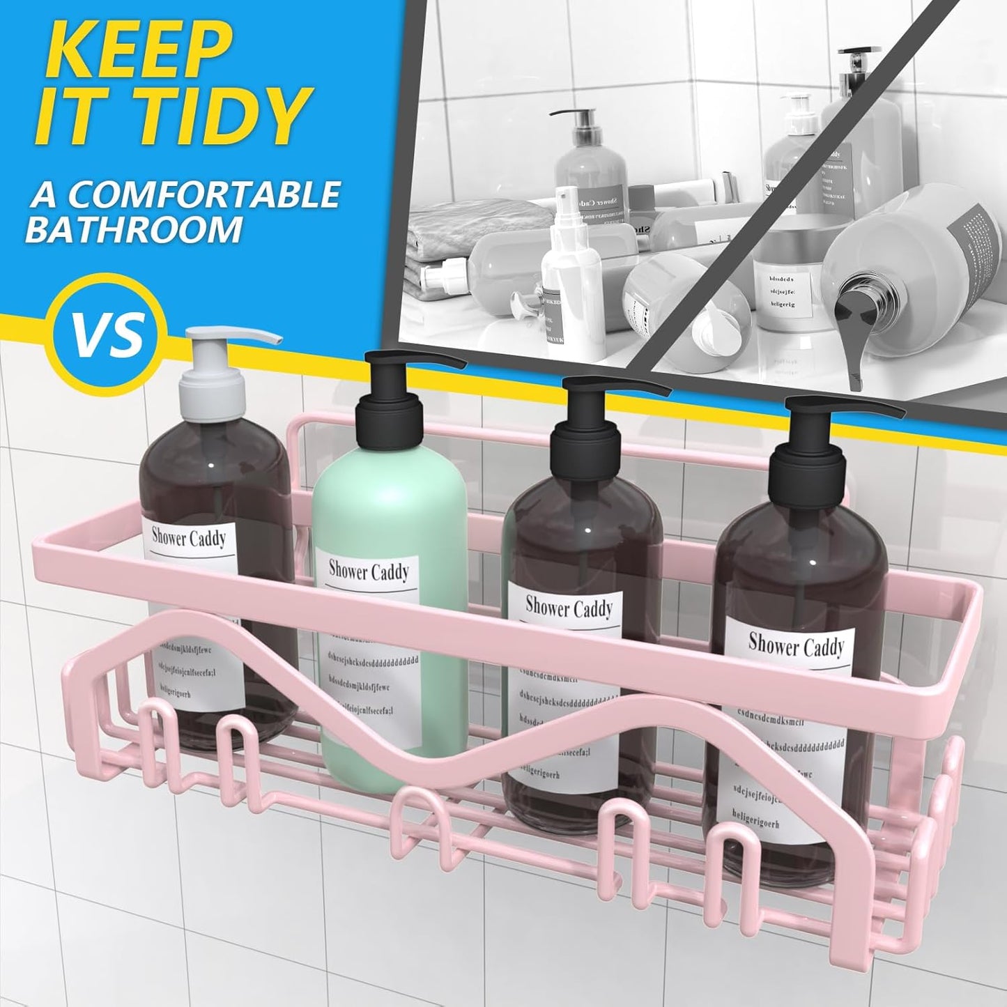 Shower Caddy - 5-Pack Adhesive Shower Organizer, Large Capacity Rustproof Stainless Steel Bathroom Organizer, Pink