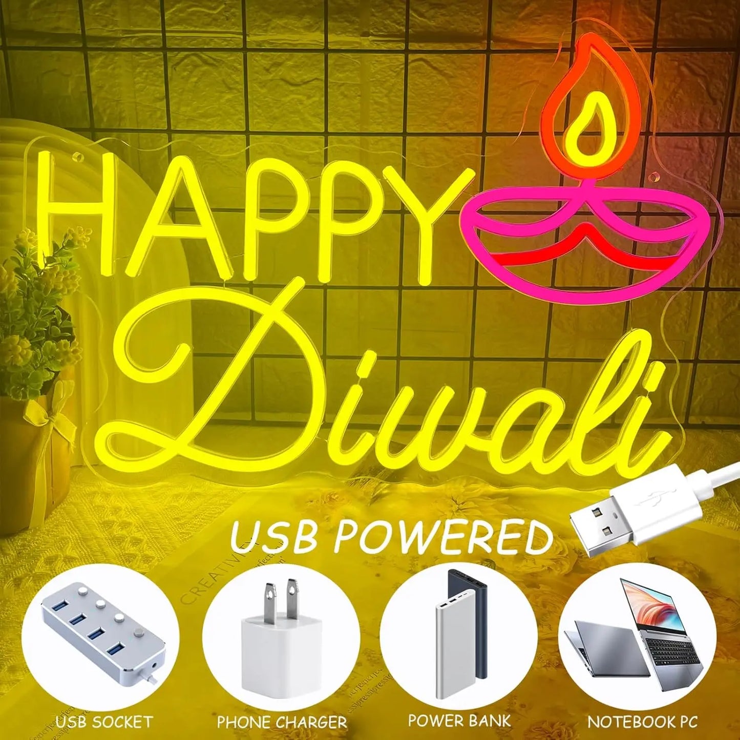 Happy Diwali Neon Sign USB Dimmable LED Neon Light for Indian Diwali Backdrop Wall Home Bedroom Party Decor Gift
