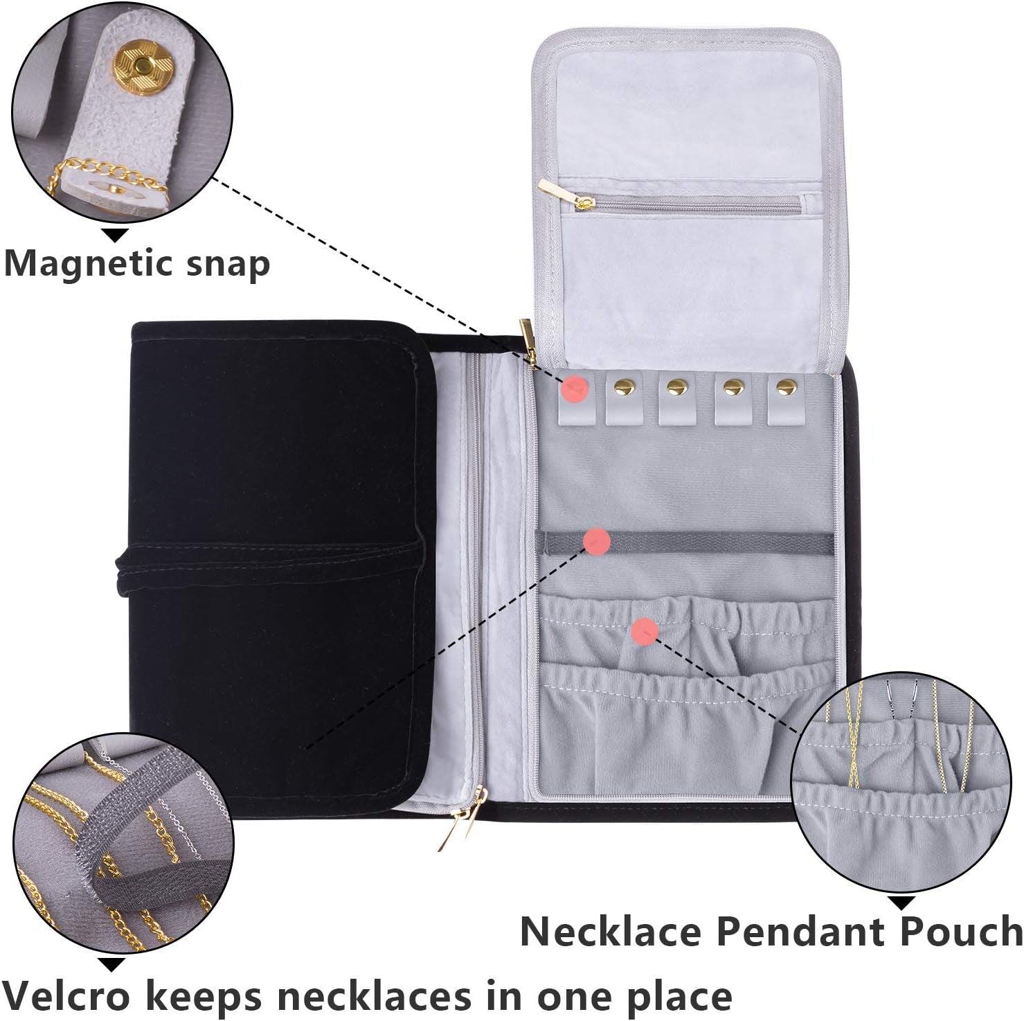 Velvet Travel Jewelry Roll, Jewelry Storage Bag Organizer for Necklaces, Earrings, Bracelets, Rings, Brooches and More, Compact and Easy to Carry (Large, Velvet- Black)