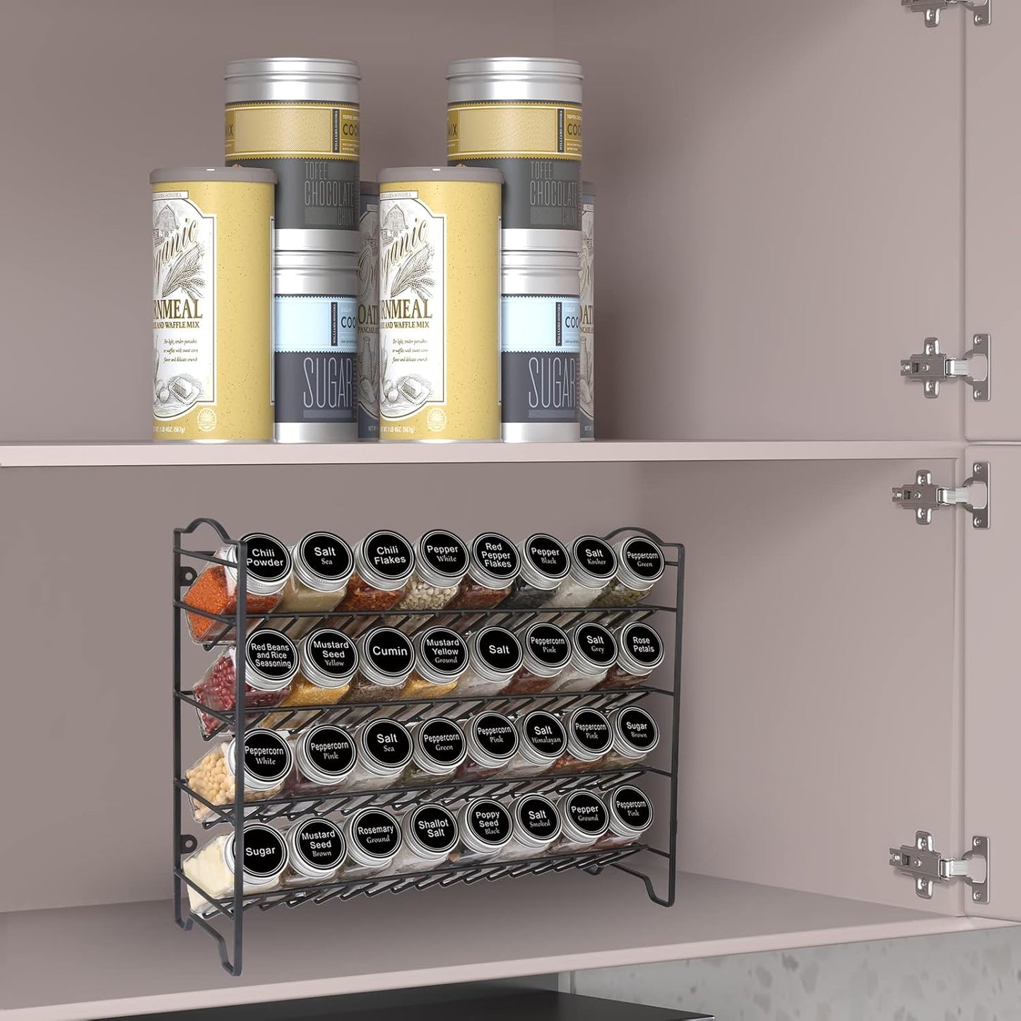 Spice Rack Organizer with 32 Glass Spice Jars, 396 Spice Labels, Chalk Marker and Funnel Complete Set, for Cabinet, Countertop, Cupboard or Wall Mount, Black