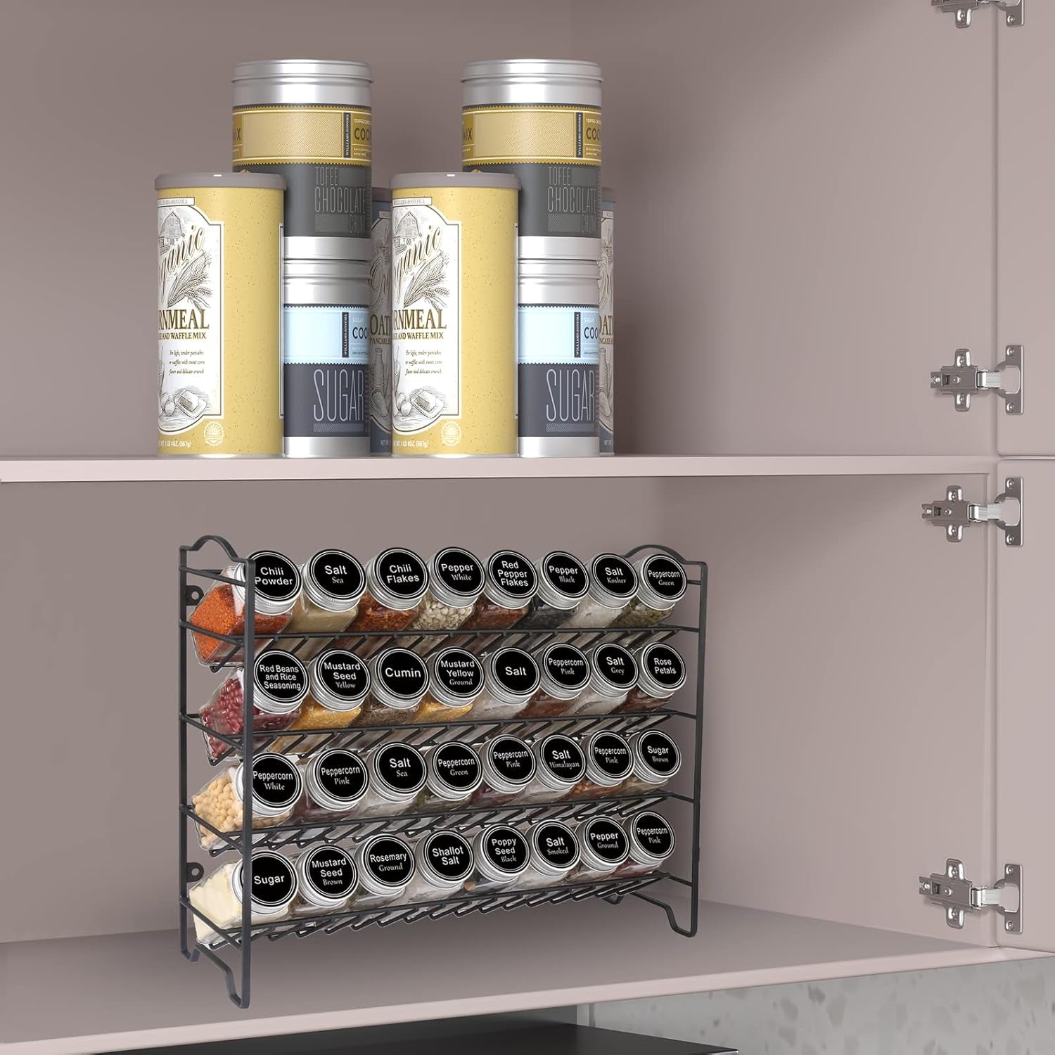 Spice Rack Organizer with 32 Glass Spice Jars, 396 Spice Labels, Chalk Marker and Funnel Complete Set, for Cabinet, Countertop, Cupboard or Wall Mount, Black