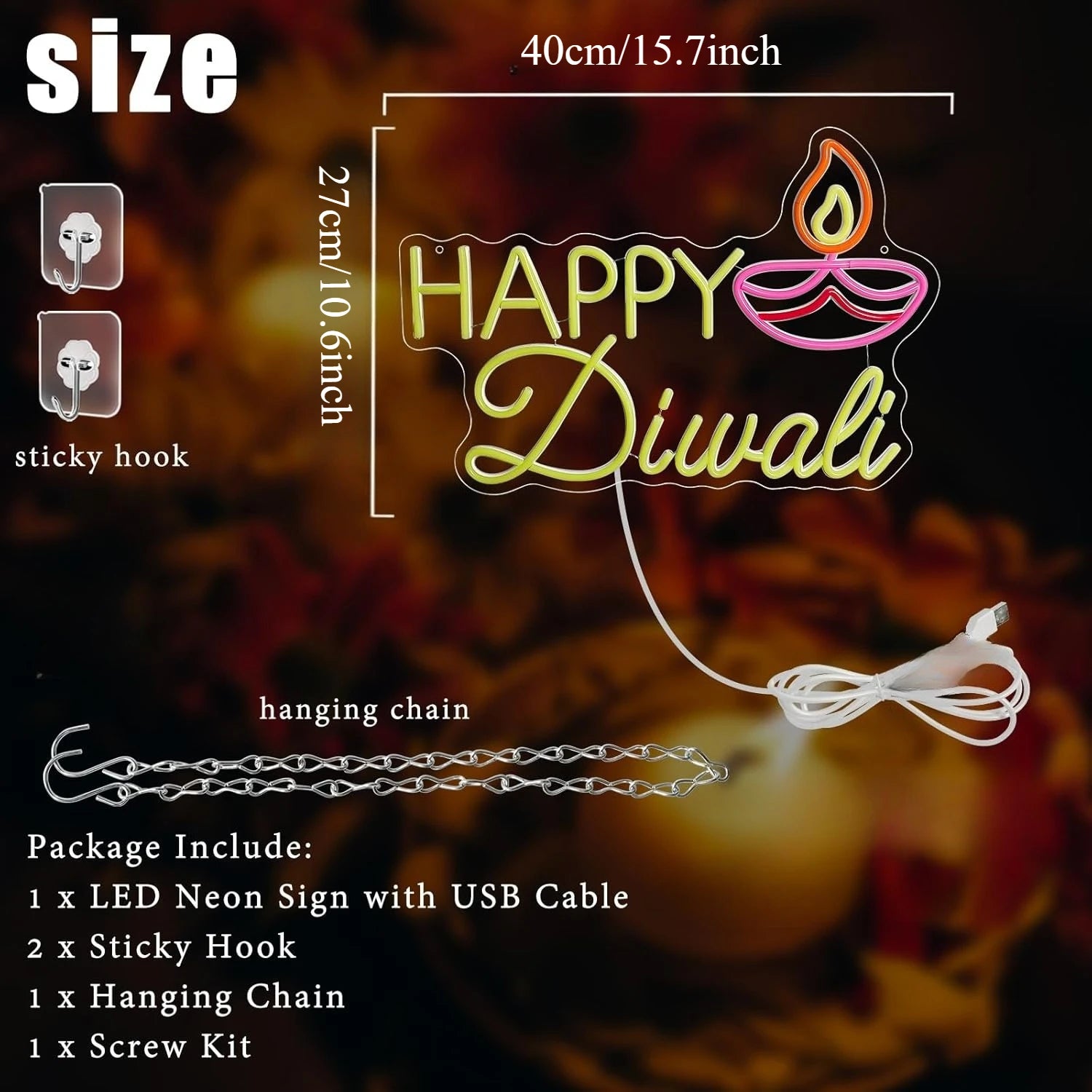 Happy Diwali Neon Sign USB Dimmable LED Neon Light for Indian Diwali Backdrop Wall Home Bedroom Party Decor Gift