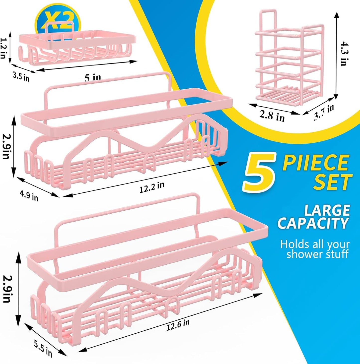 Shower Caddy - 5-Pack Adhesive Shower Organizer, Large Capacity Rustproof Stainless Steel Bathroom Organizer, Pink