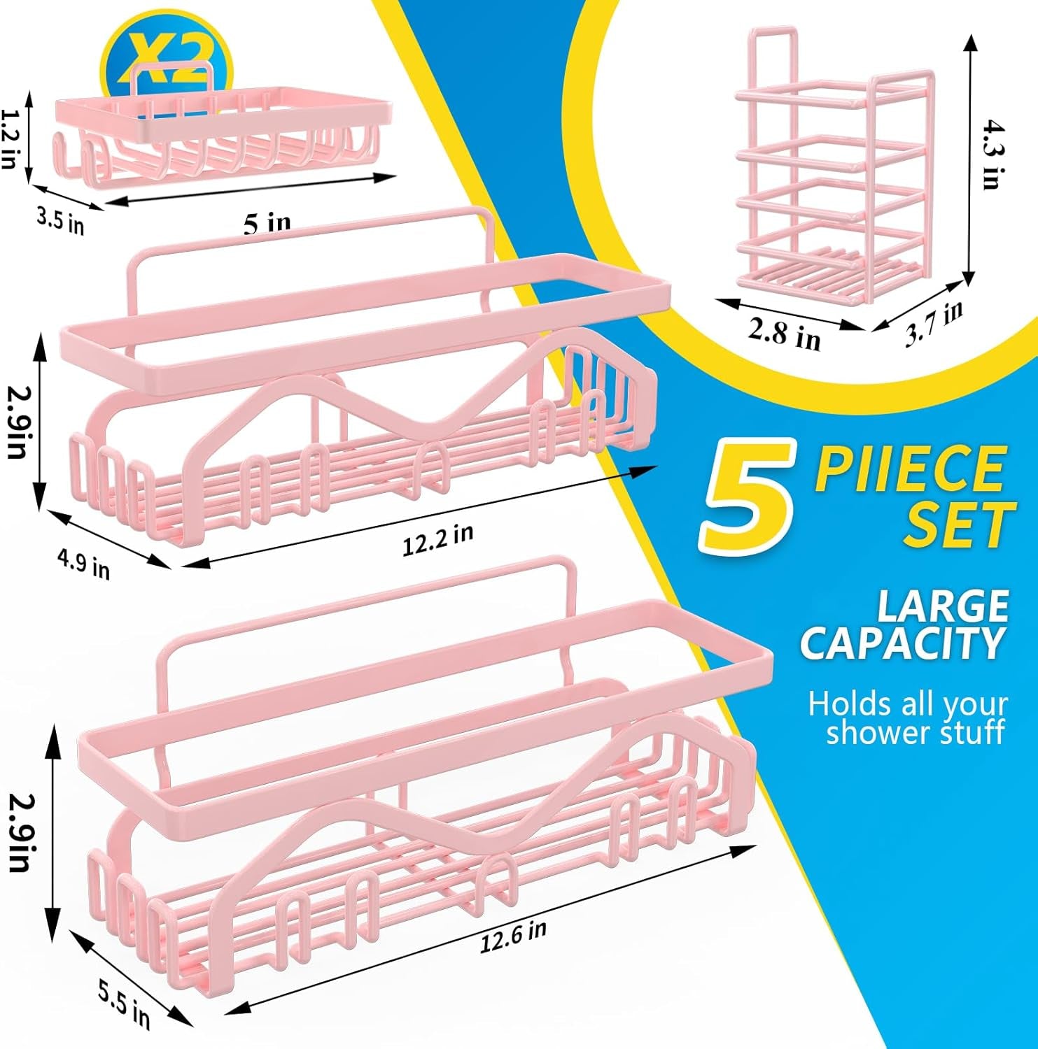 Shower Caddy - 5-Pack Adhesive Shower Organizer, Large Capacity Rustproof Stainless Steel Bathroom Organizer, Pink