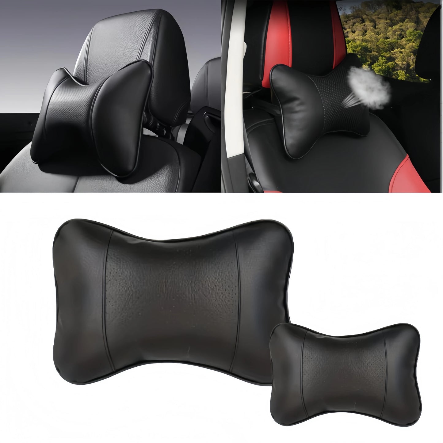 Car Neck Pillow PU Leather Universal Headrest Ergonomic Filled Fiber Support Cushion Travel Seat Comfort Relief