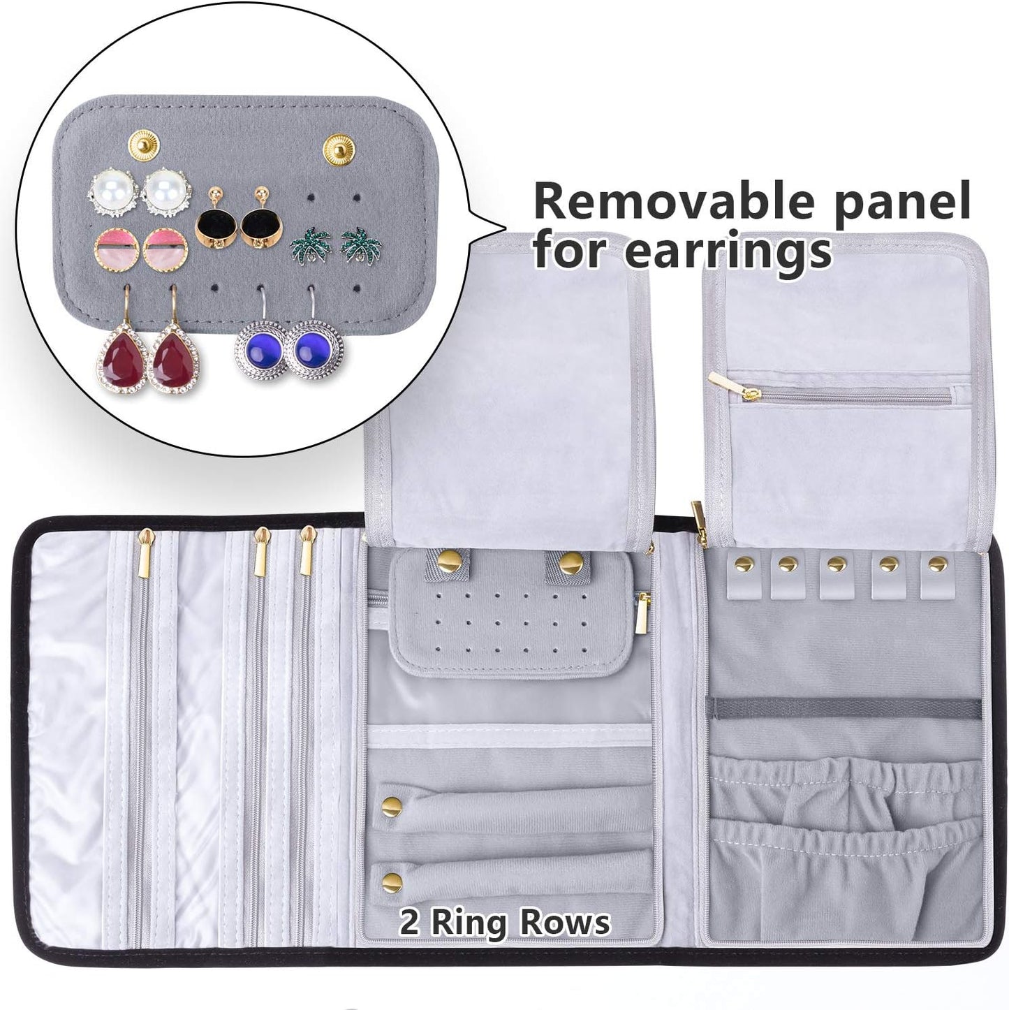 Velvet Travel Jewelry Roll, Jewelry Storage Bag Organizer for Necklaces, Earrings, Bracelets, Rings, Brooches and More, Compact and Easy to Carry (Large, Velvet- Black)