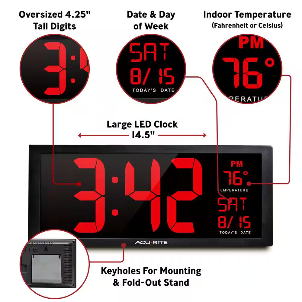 14.5 In. Large LED Clock with Indoor Temperature