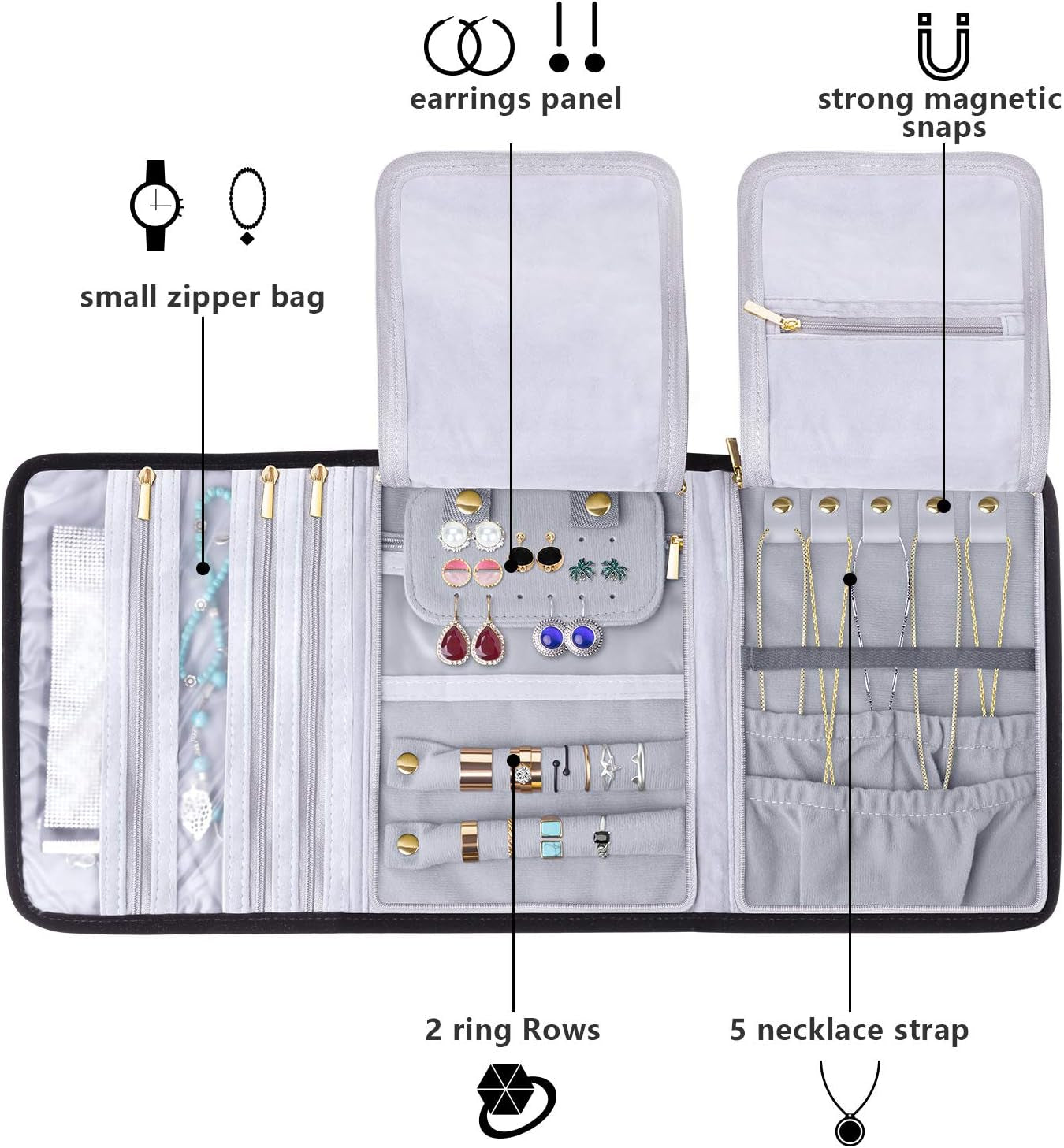 Velvet Travel Jewelry Roll, Jewelry Storage Bag Organizer for Necklaces, Earrings, Bracelets, Rings, Brooches and More, Compact and Easy to Carry (Large, Velvet- Black)