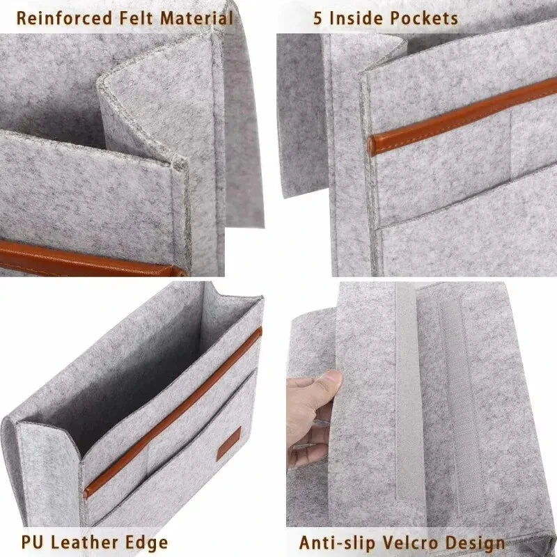 Stylish Bedside Hanging Storage Bag with Phone Remote and Tissue Holder Dormitory Felt Bedside Hanging Organizer