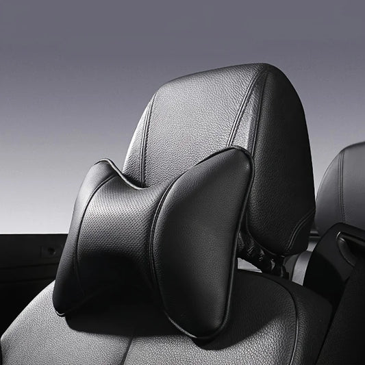 Car Neck Pillow PU Leather Universal Headrest Ergonomic Filled Fiber Support Cushion Travel Seat Comfort Relief