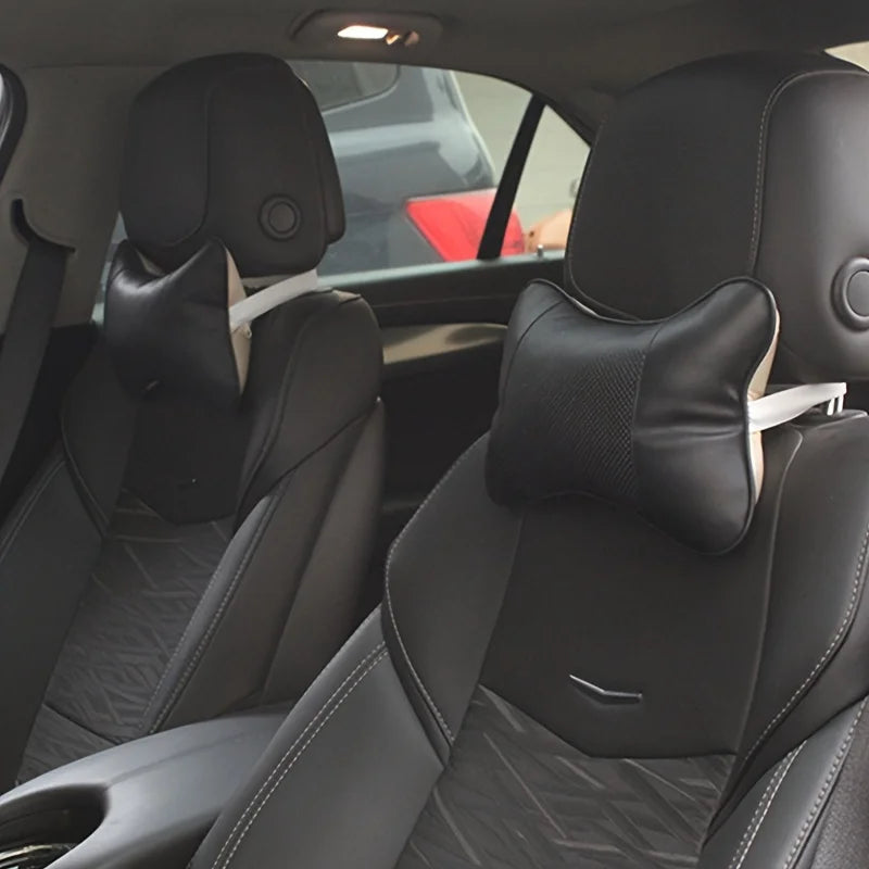 Car Neck Pillow PU Leather Universal Headrest Ergonomic Filled Fiber Support Cushion Travel Seat Comfort Relief