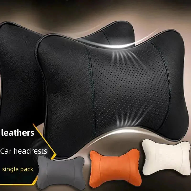 Car Neck Pillow PU Leather Universal Headrest Ergonomic Filled Fiber Support Cushion Travel Seat Comfort Relief