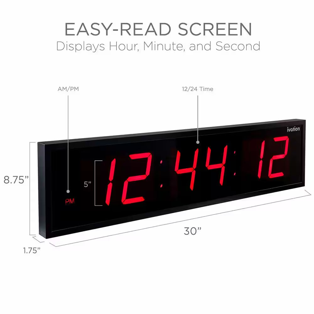 30 In. Large Digital Wall Clock, Wall Mounted LED Wall Clock, Red