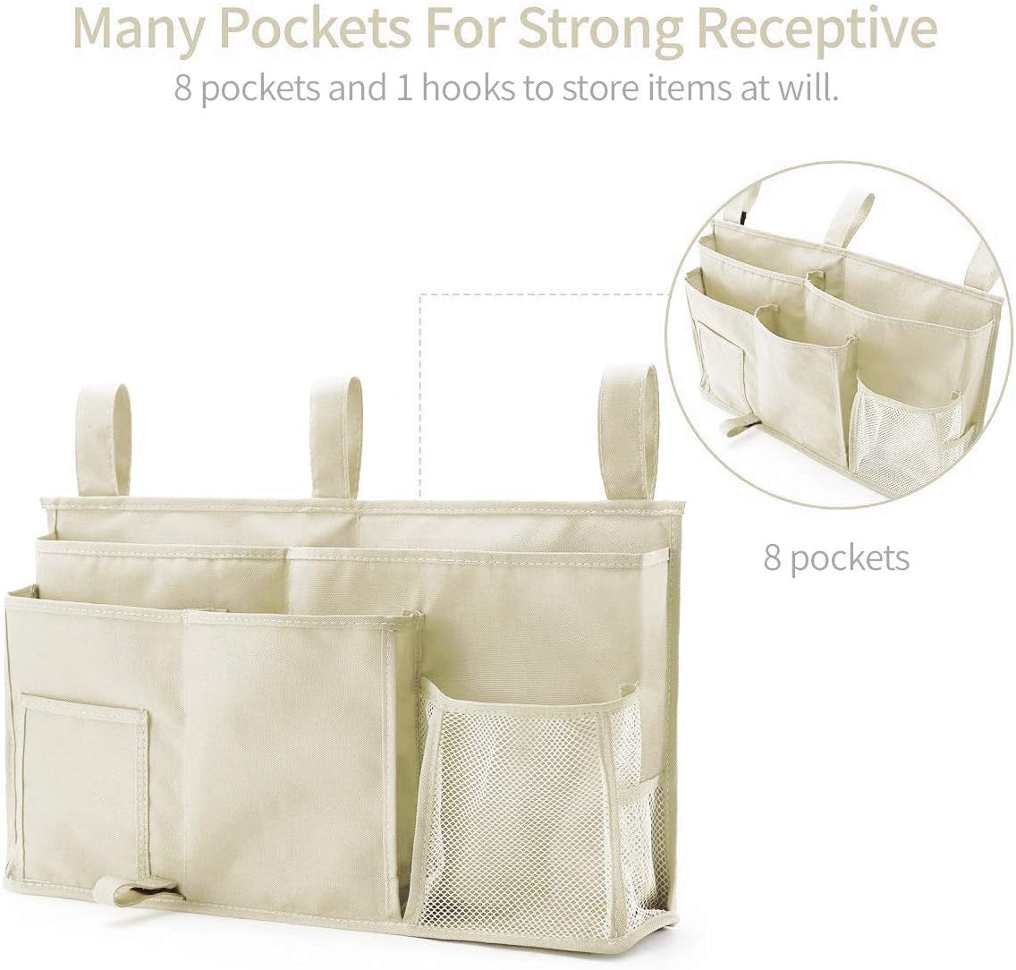 Bunk Bed Organizer, Bedside Caddy Hanging Bed Organizer Storage Bag 8 Pockets, for College Dorm Rooms Bed, Hospital Bed, Baby Bed Rails, 600D Oxford Cloth (Beige)
