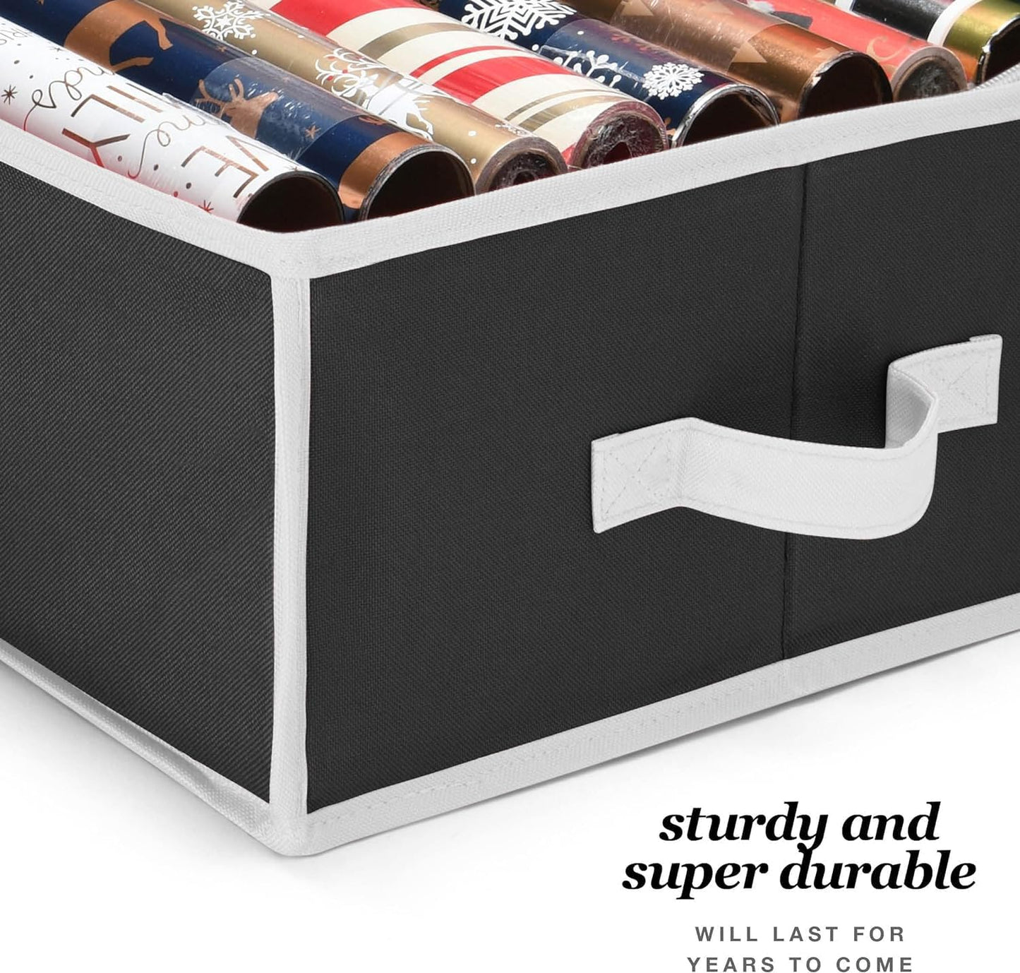 Premium Wrapping Paper Organizer Storage | Gift Wrap Holder with Extra Pockets for Christmas Decorations, Reinforced Handles, Heavy Duty, Ultra-Durable, Tear-Proof Fabric - Fits up to 27 Rolls (Black)