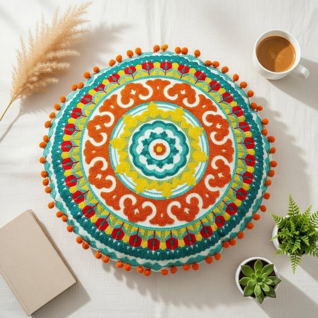 Round Mandala Pillow Cover 18" Embroidered Cotton Cushion Boho Ethnic Decor